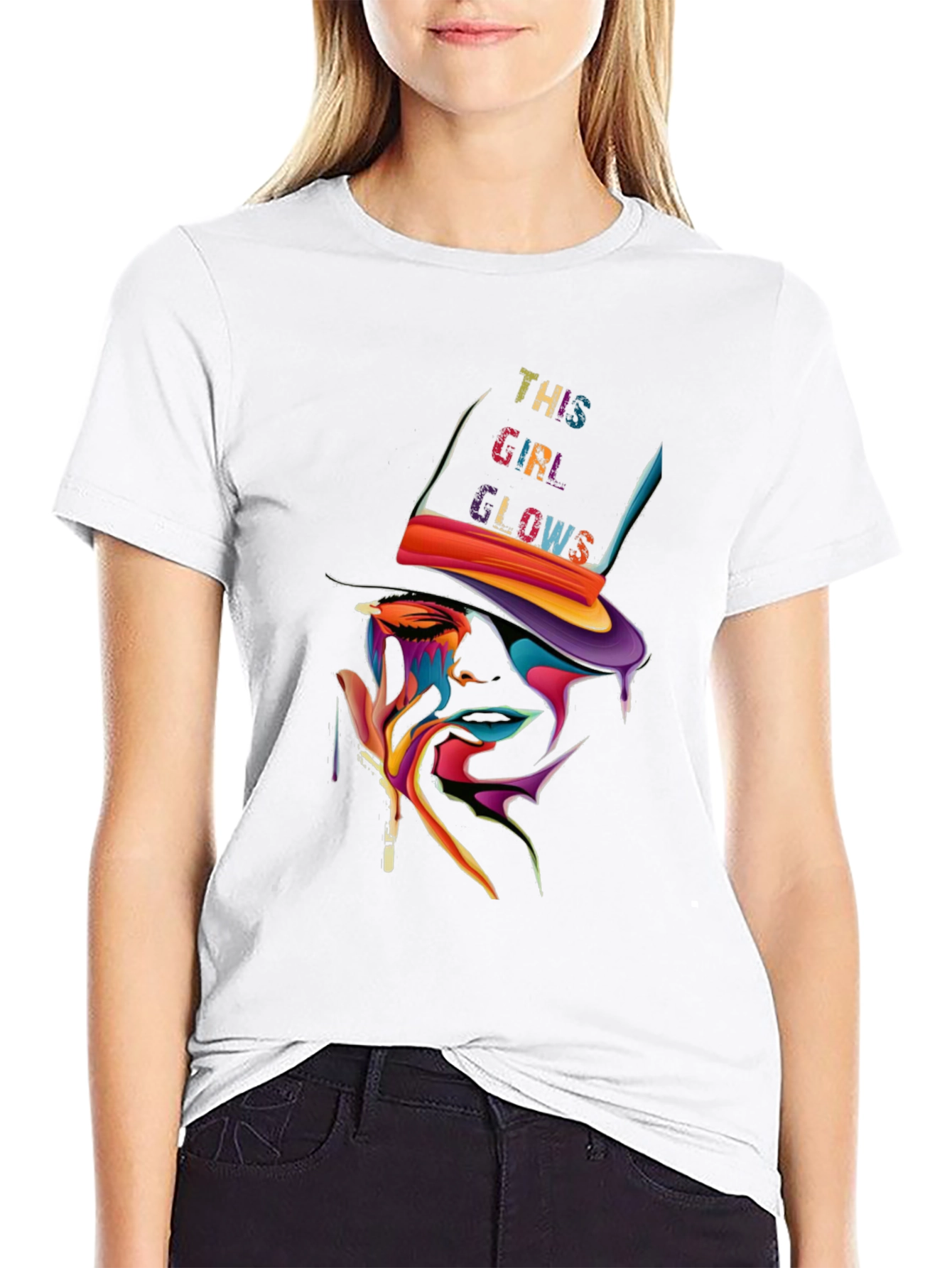 Black Colorful "This Girl Glows" Graphic Print Black T-Shirt view 9