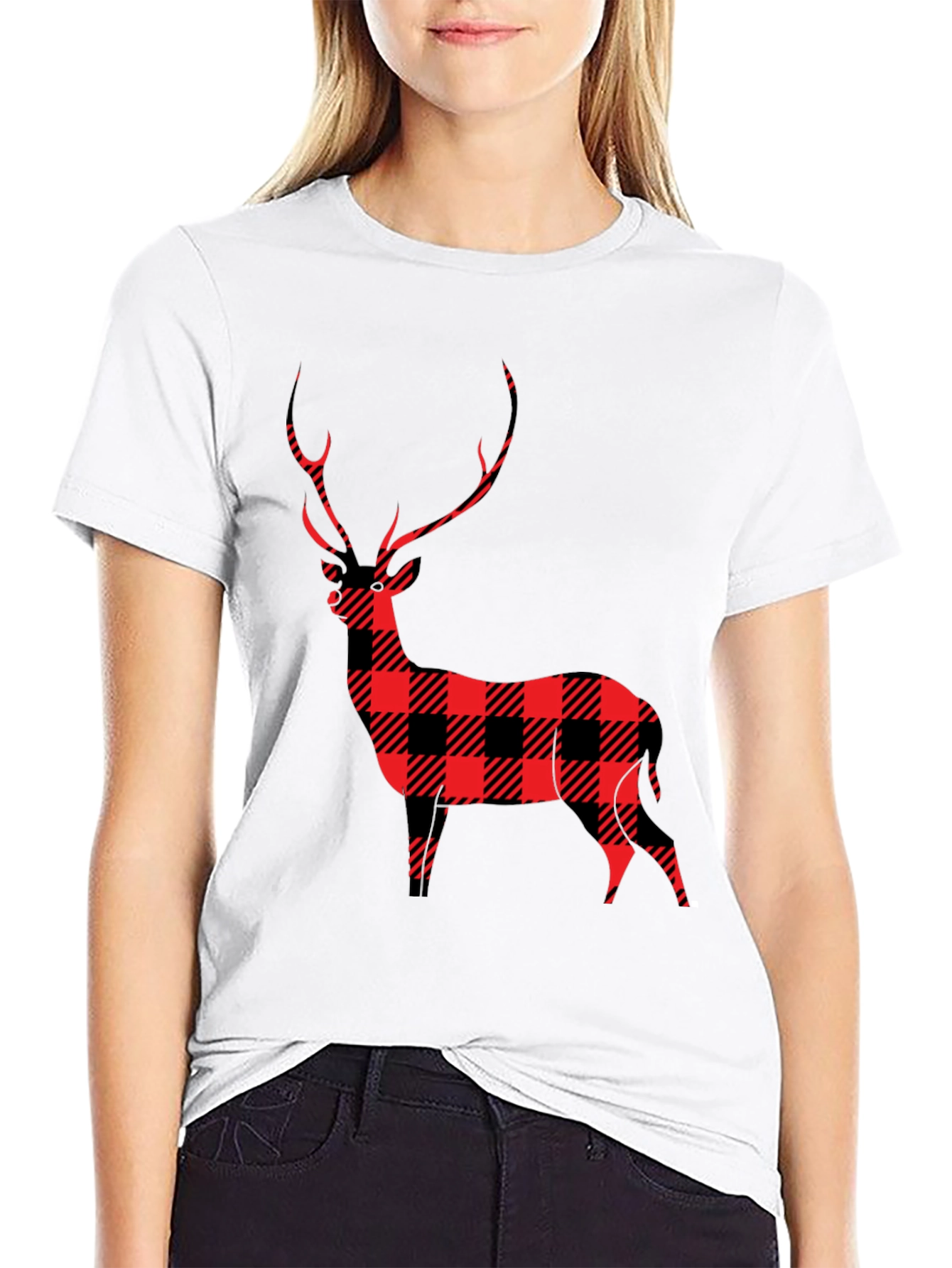Black Buffalo Plaid Deer Graphic Tee view 9