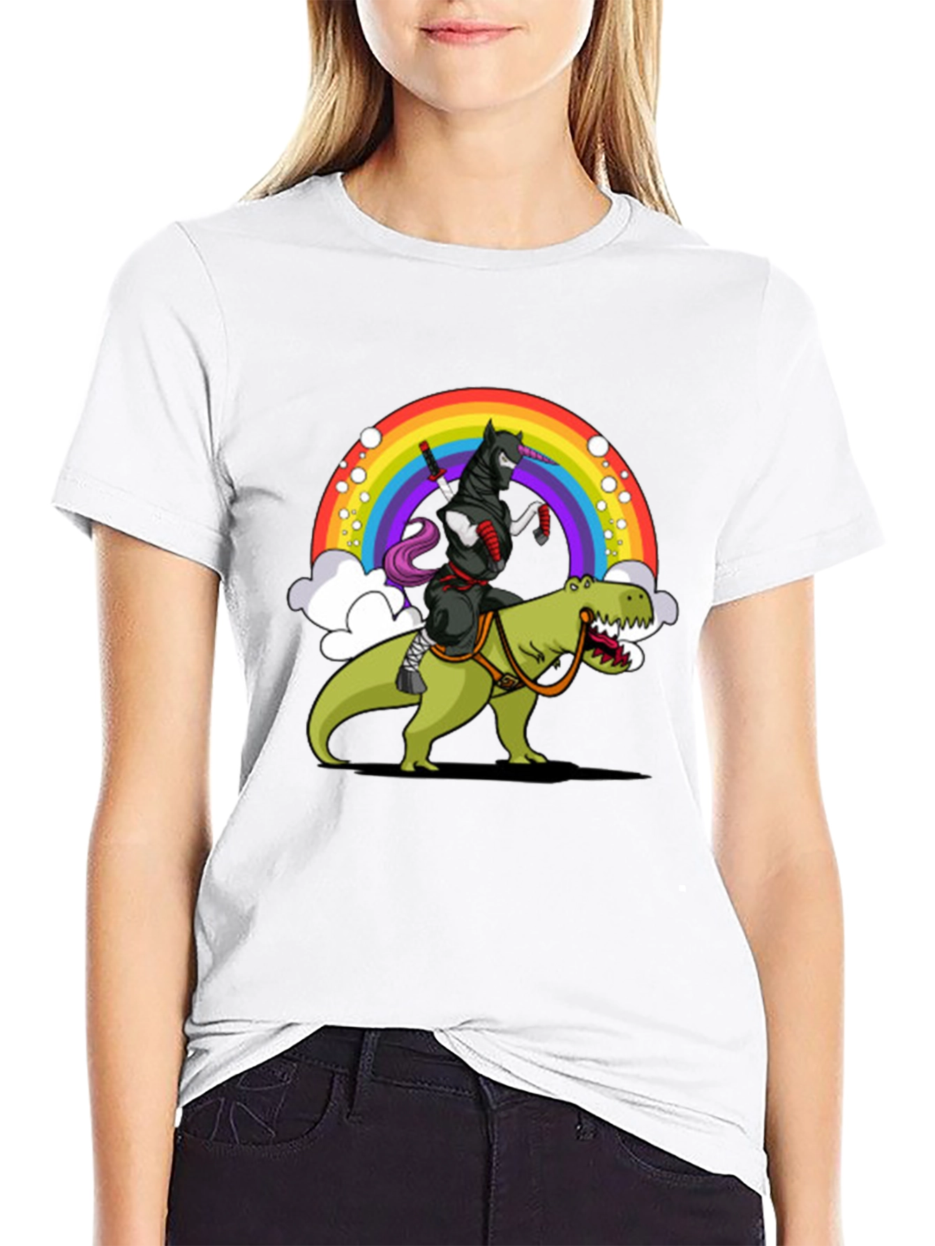 Black Ninja Unicorn Riding Dinosaur Rainbow T-Shirt view 9