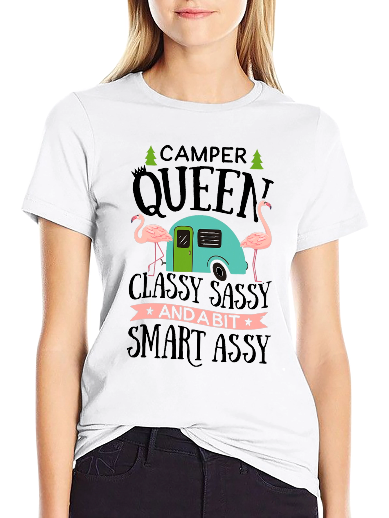 Black Camper Queen Flamingo Graphic T-Shirt view 9