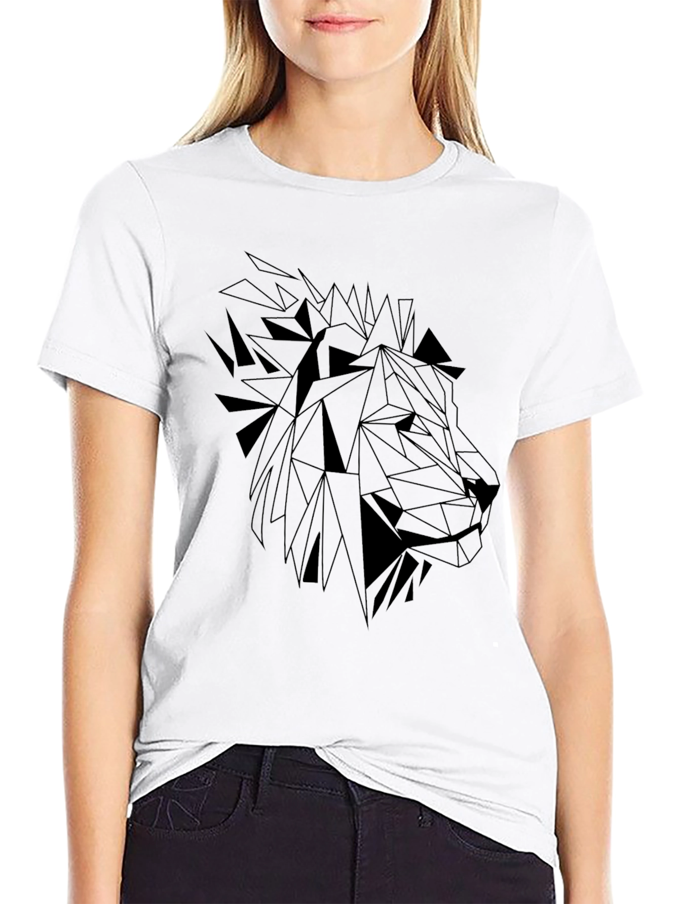 Black Geometric Lion Graphic Tee - Black Cotton Shirt view 9
