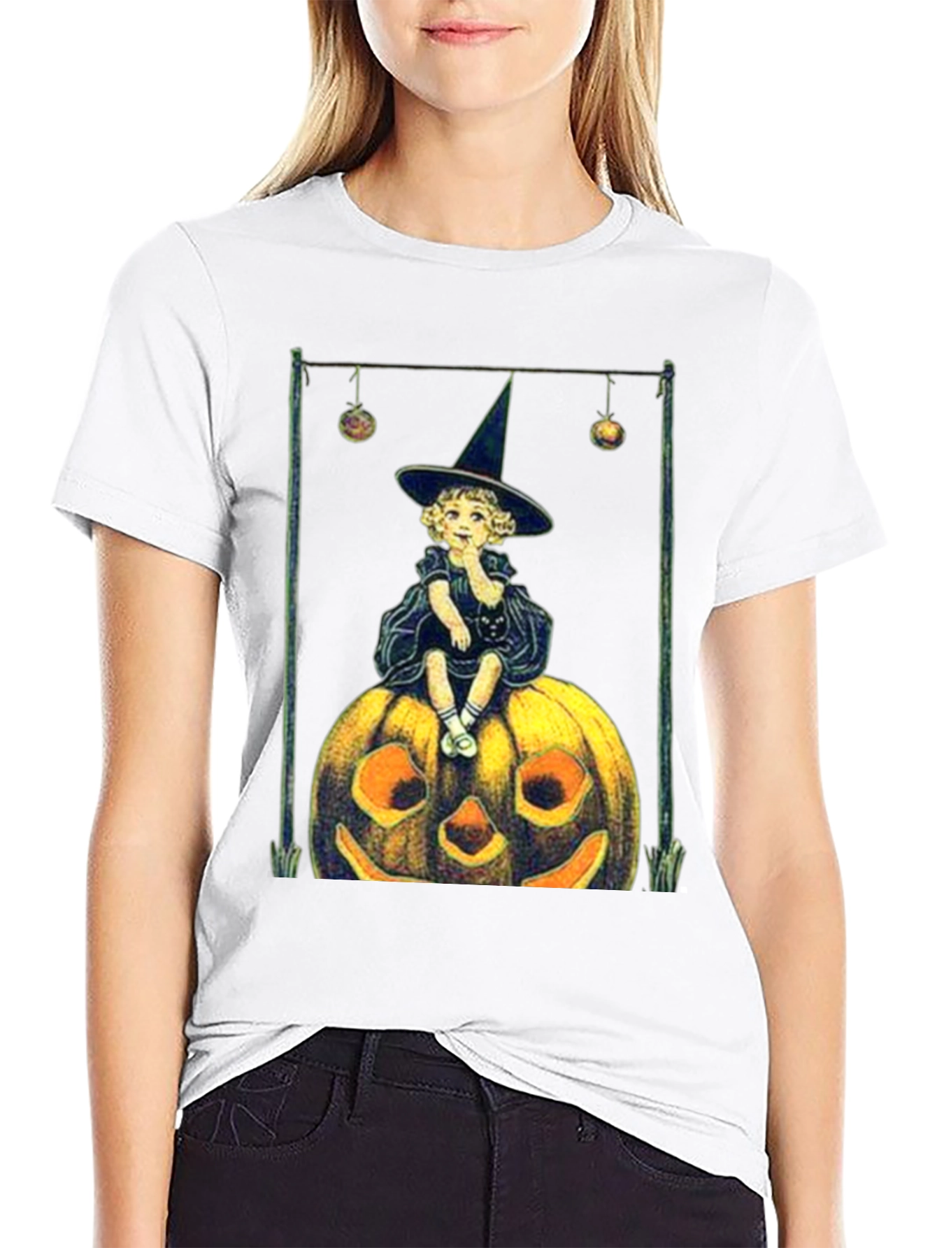 Black Vintage Witch on Pumpkin Halloween Tee view 9