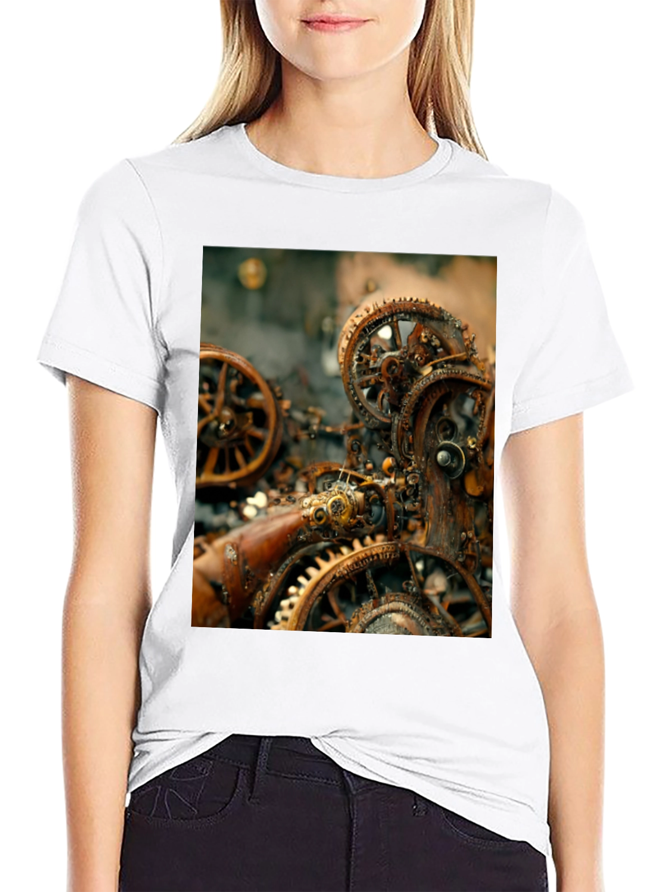 Black Steampunk Gears Graphic Tee - Black Cotton T-Shirt view 9