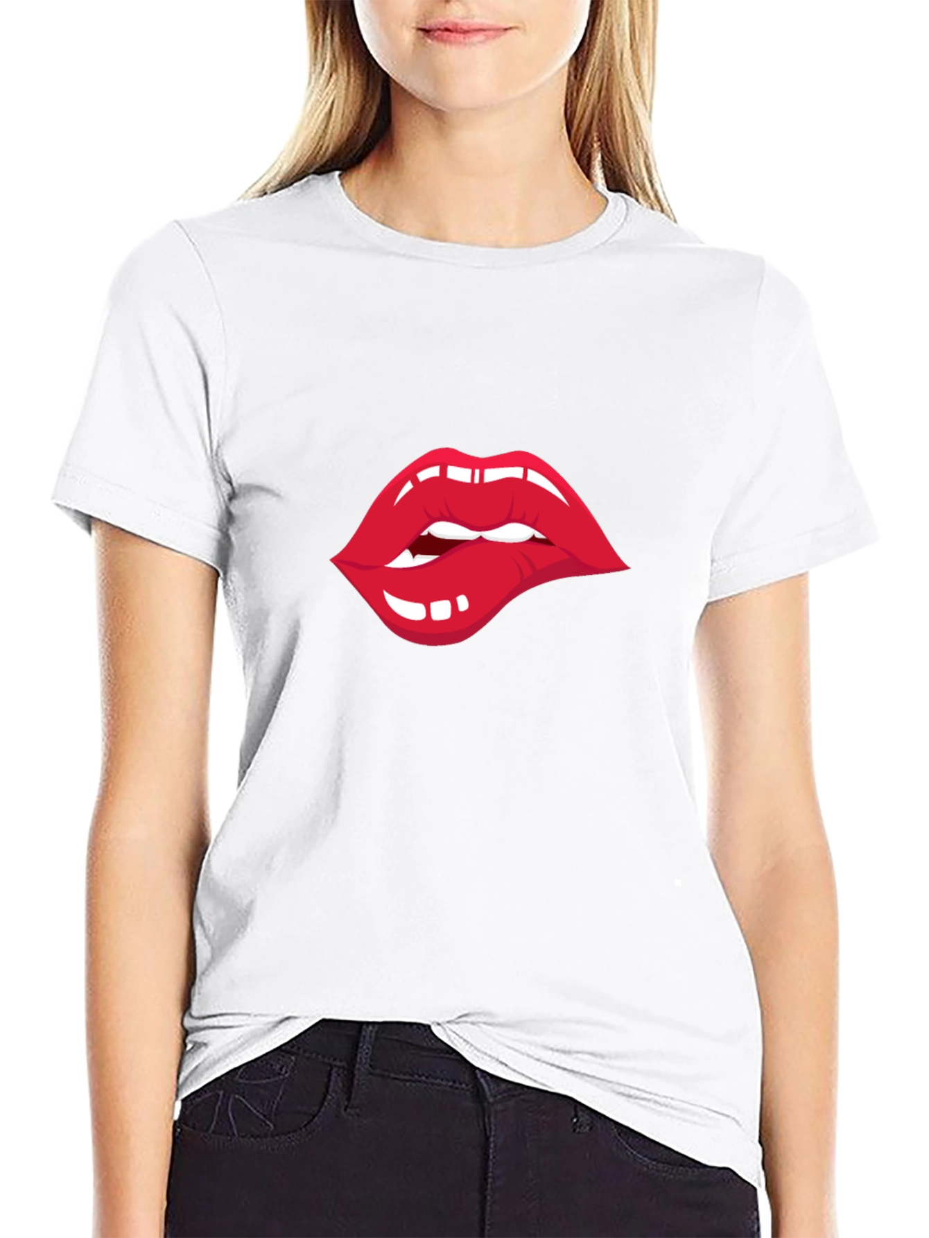 Black Biting Lips Graphic T-Shirt - Unisex Crew Neck Tee view 9