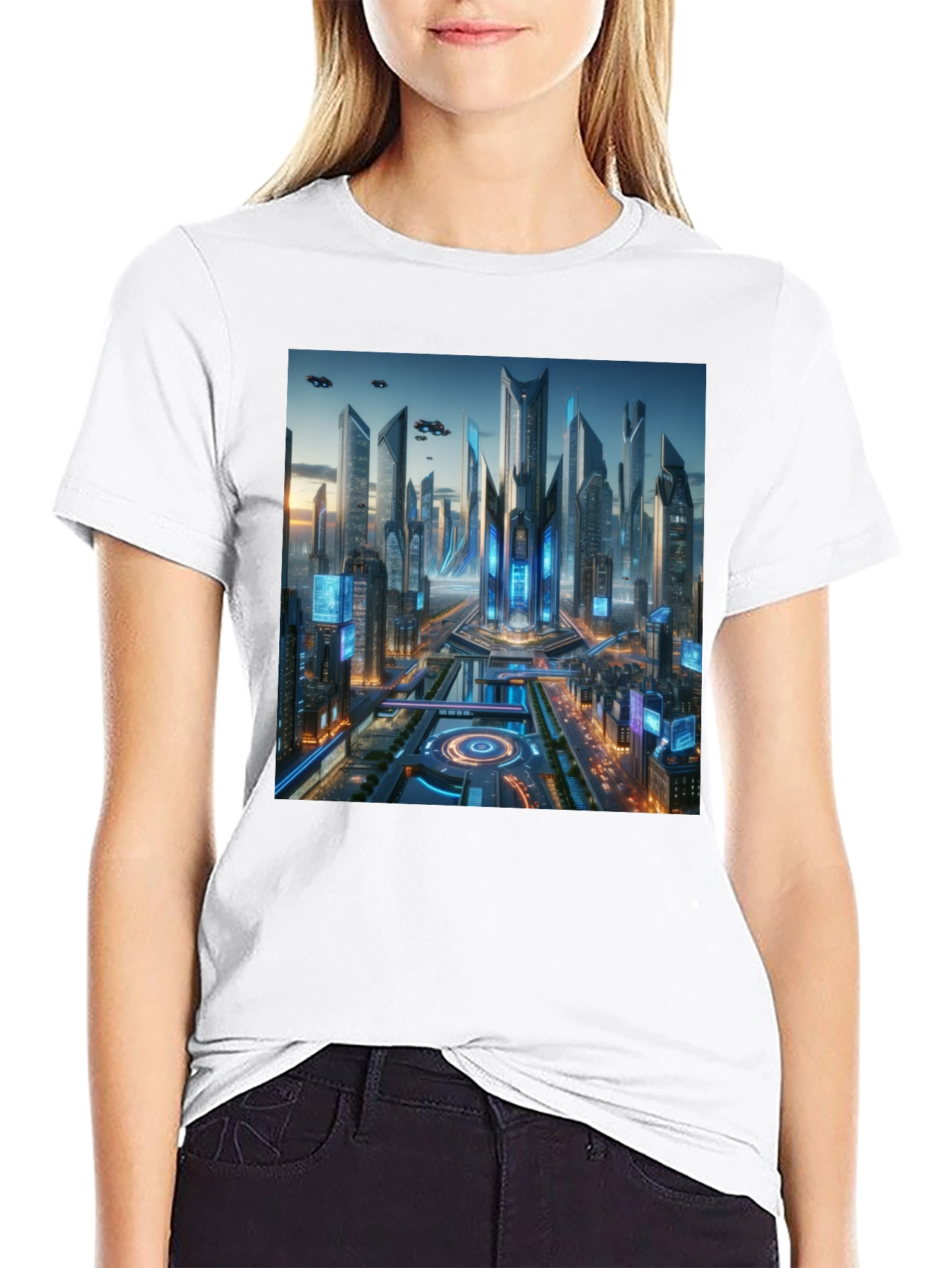 Black Futuristic Cityscape Graphic Black T-Shirt view 9