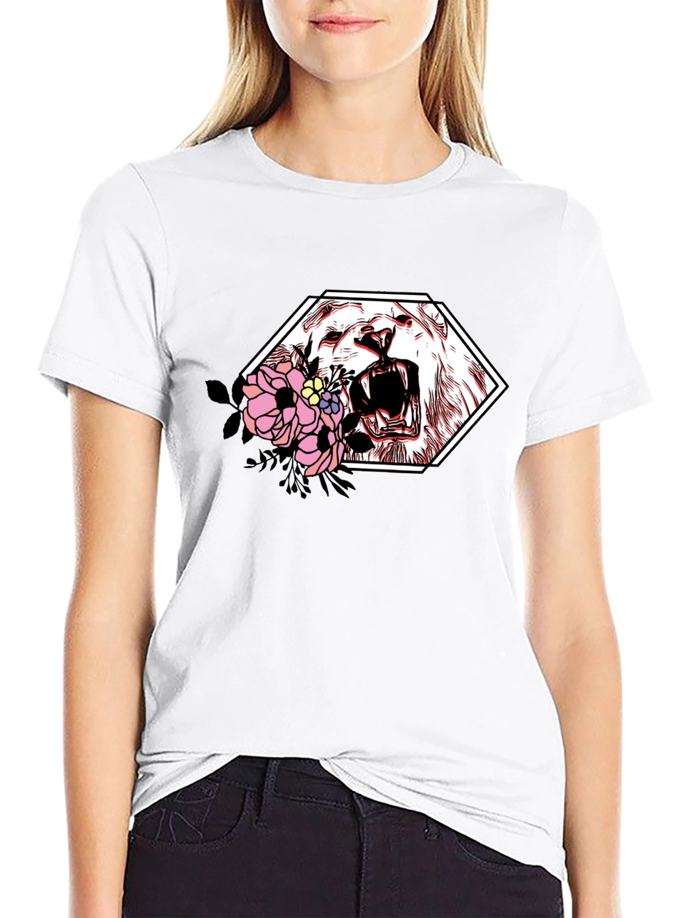 Black Floral Lion Graphic Tee - Modern Streetwear Style view 9