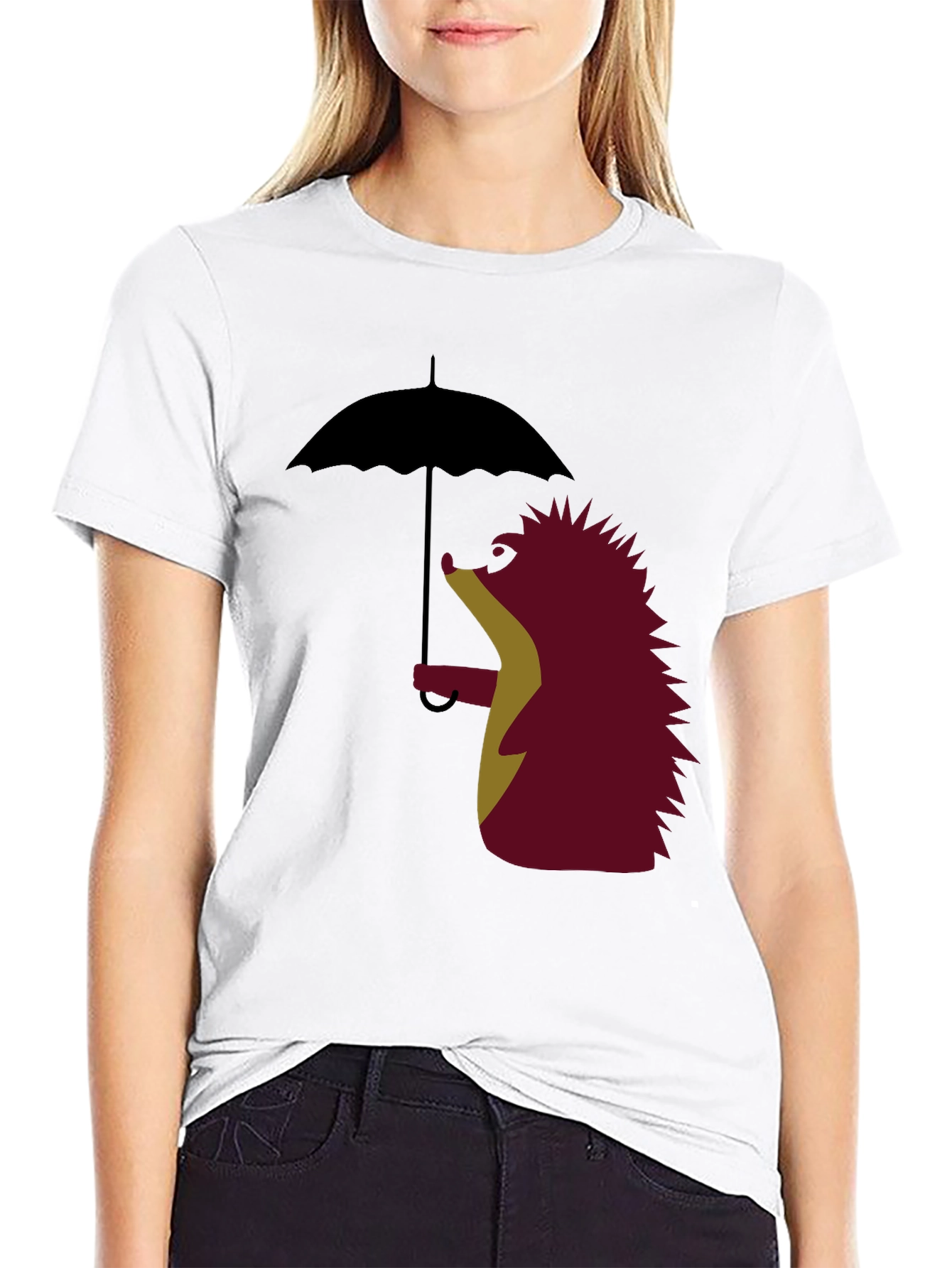 Black Whimsical Hedgehog Under Umbrella Graphic Tee view 9