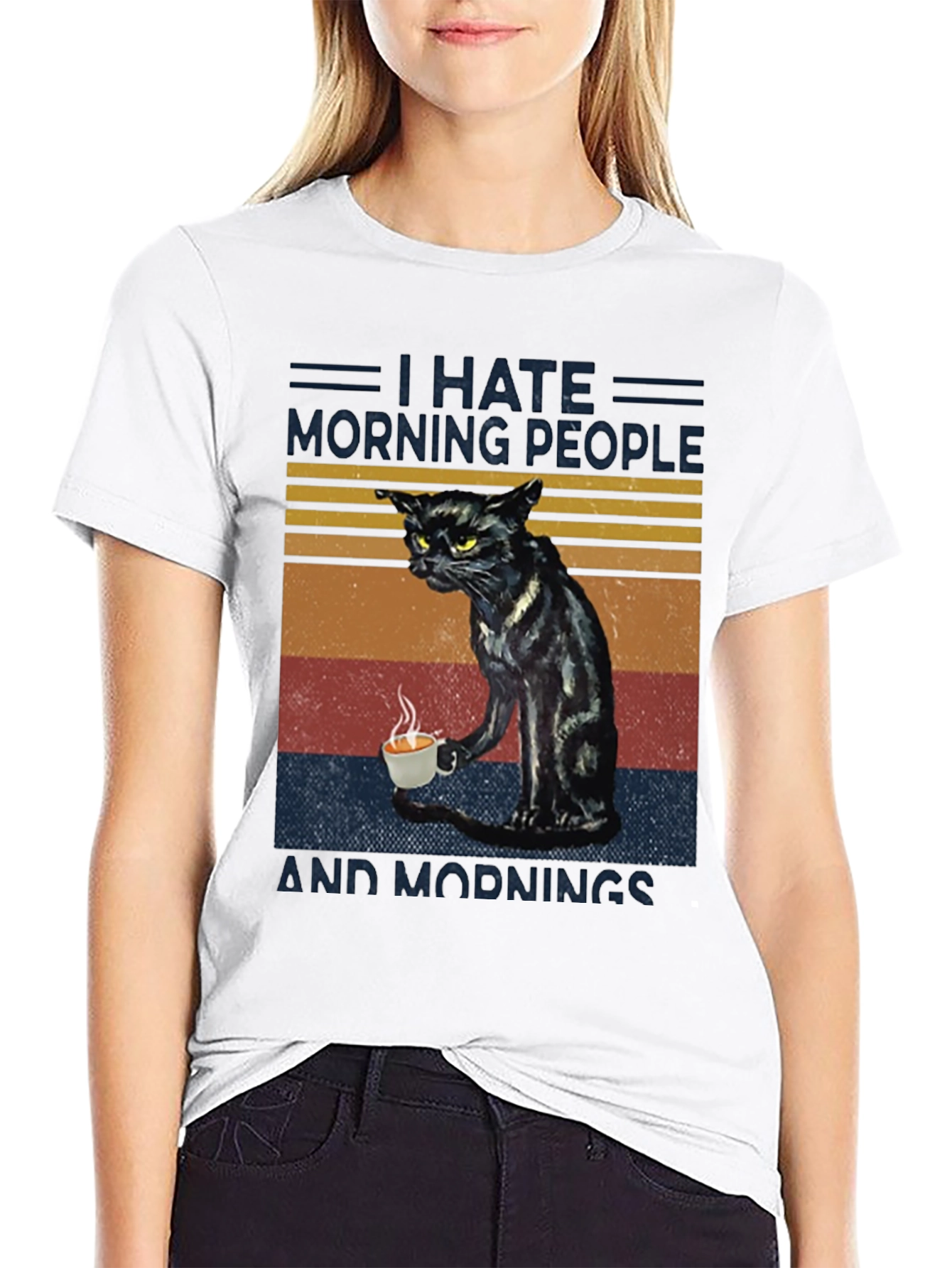 Black I Hate Morning People Cat Graphic T-Shirt view 9