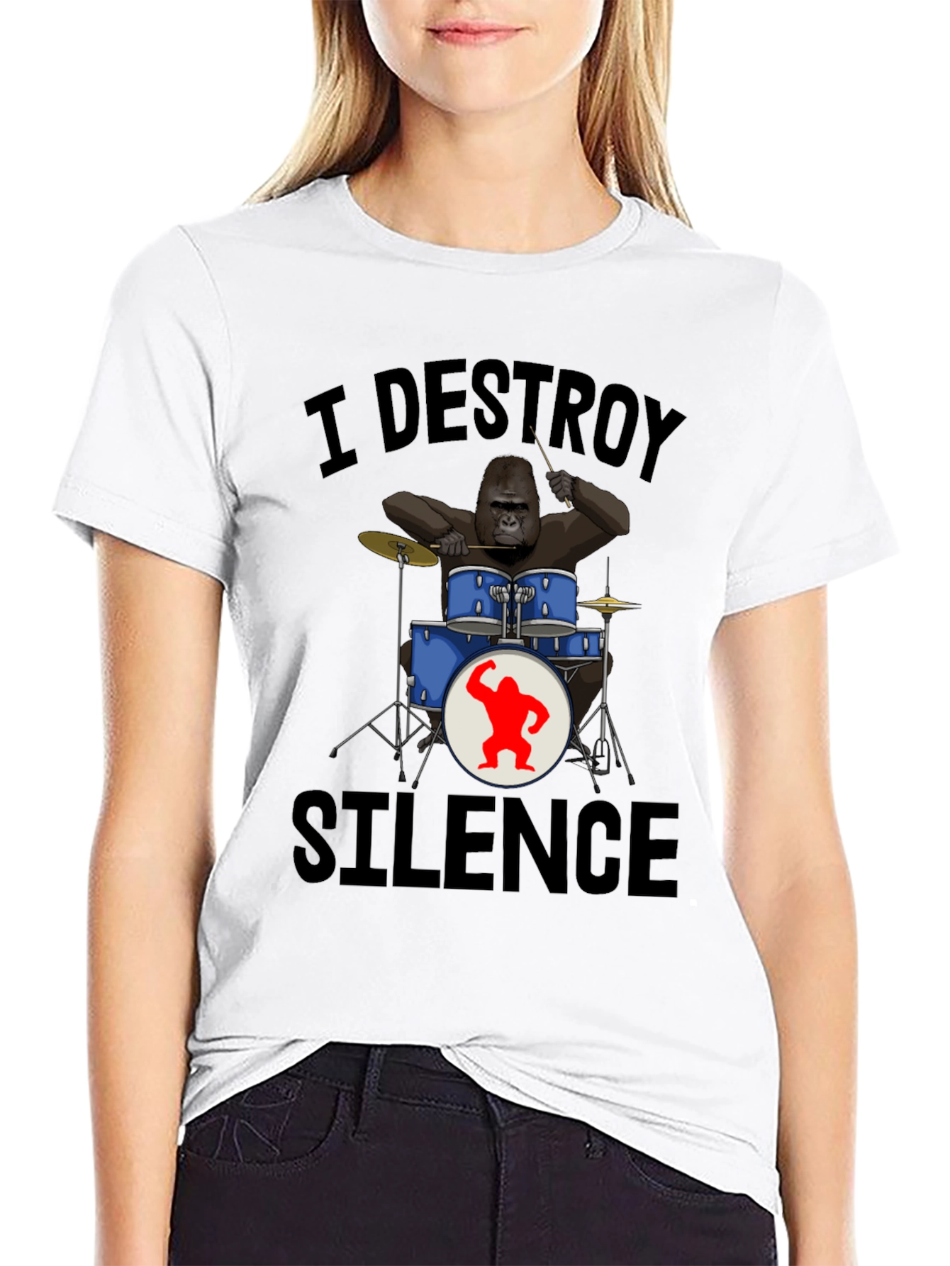 Black I Destroy Silence Gorilla Drummer T-Shirt view 9