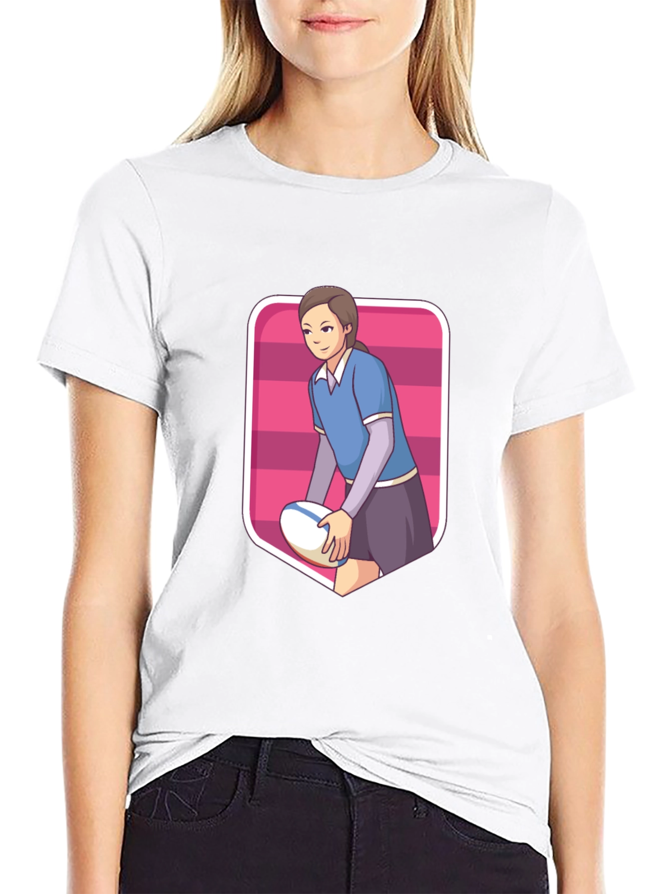 Black Rugby Girl Graphic Tee - Sporty Cartoon Style view 9