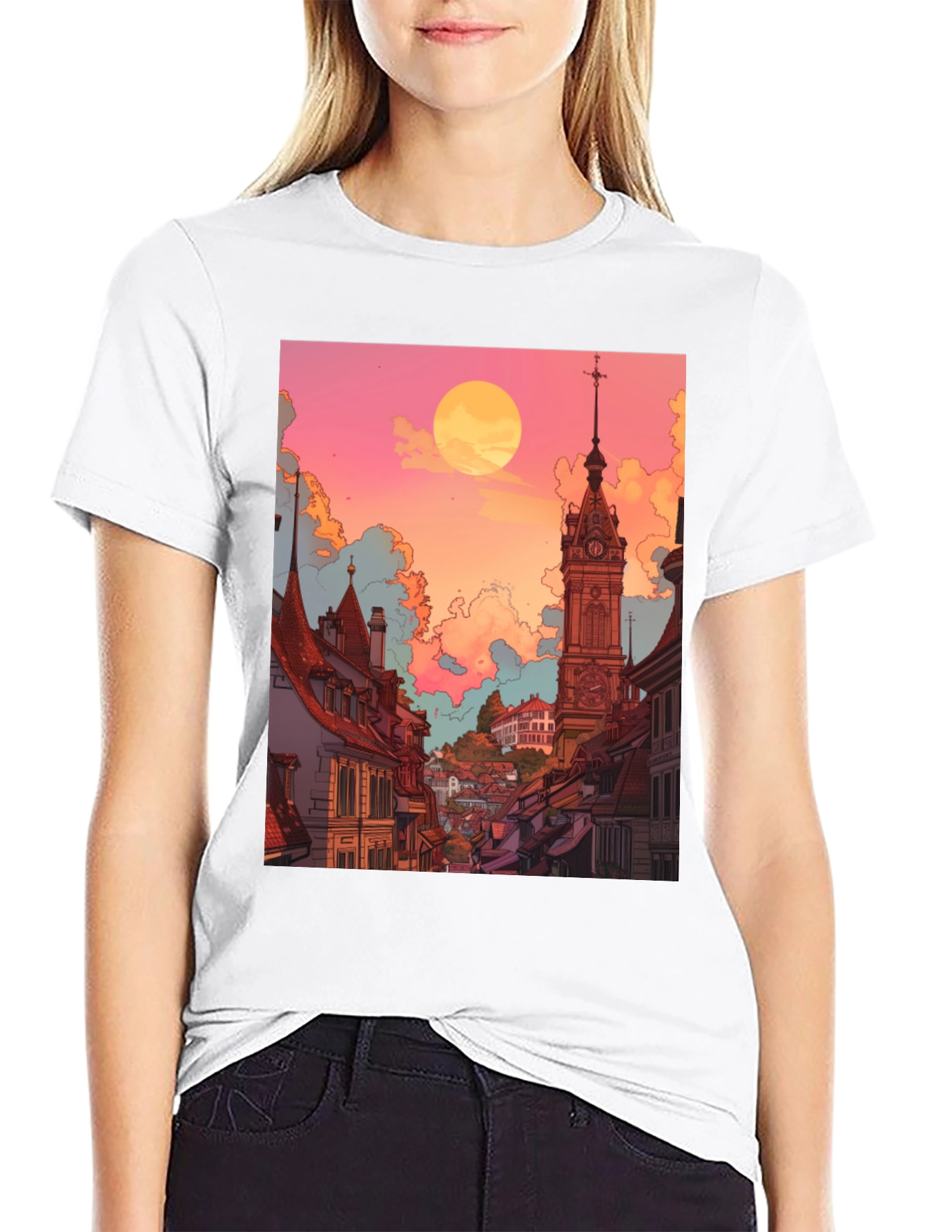 Black Retro Cityscape Graphic Tee - Unisex Black T-Shirt view 9