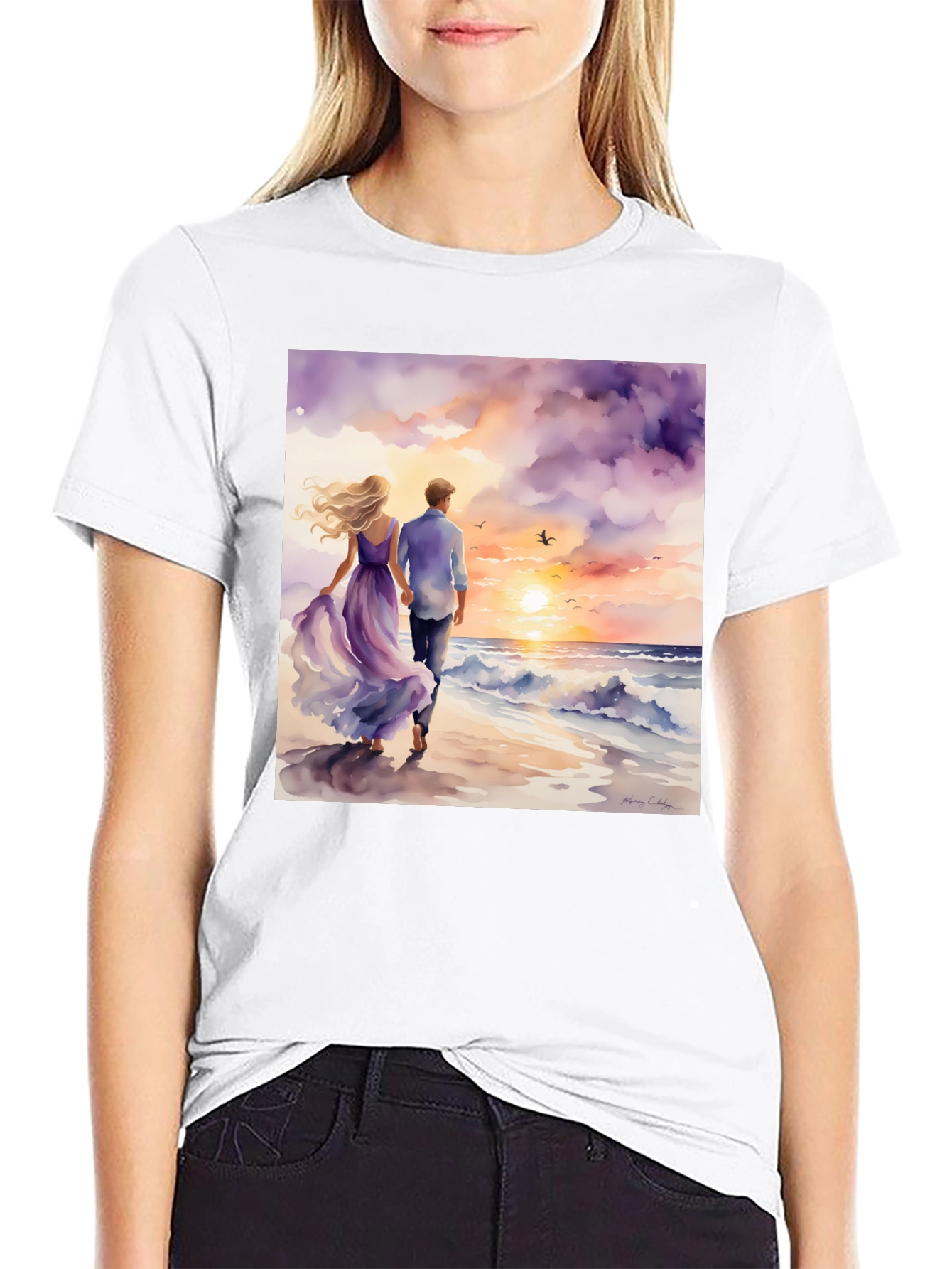 Black Romantic Sunset Couple T-Shirt view 9