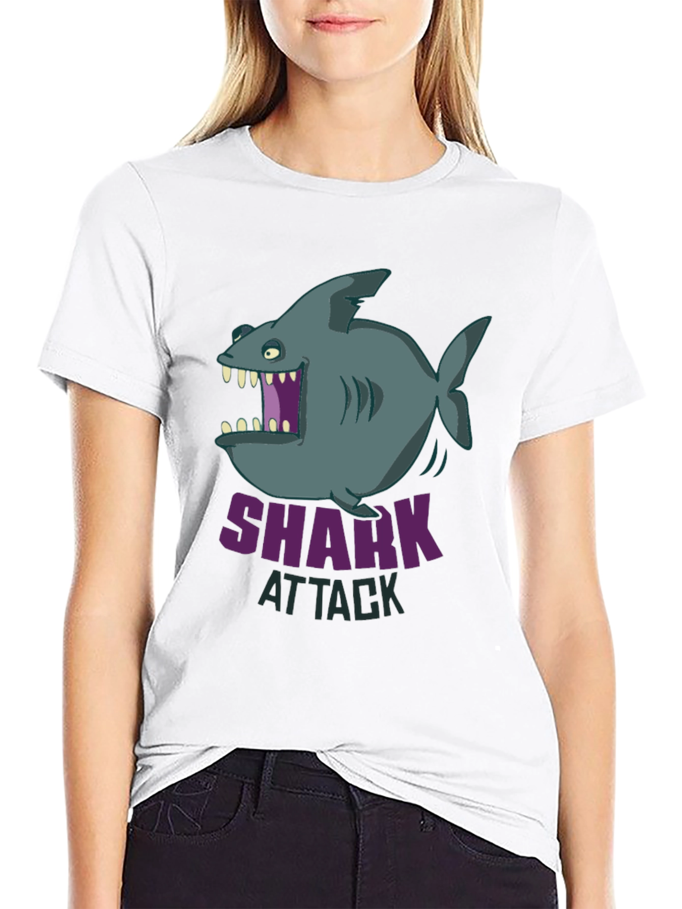 Black Shark Attack Graphic T-Shirt - Cartoon Design view 9