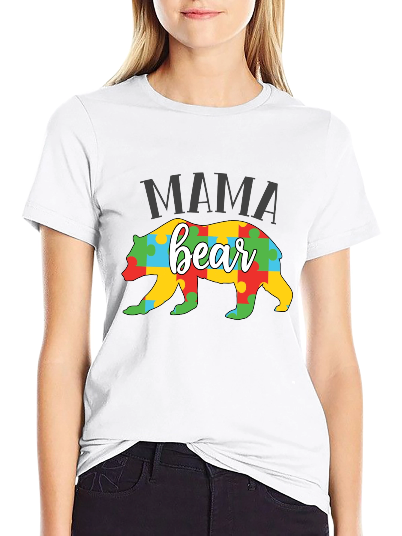 Black Mama Bear Puzzle Piece Autism Awareness T-Shirt view 9