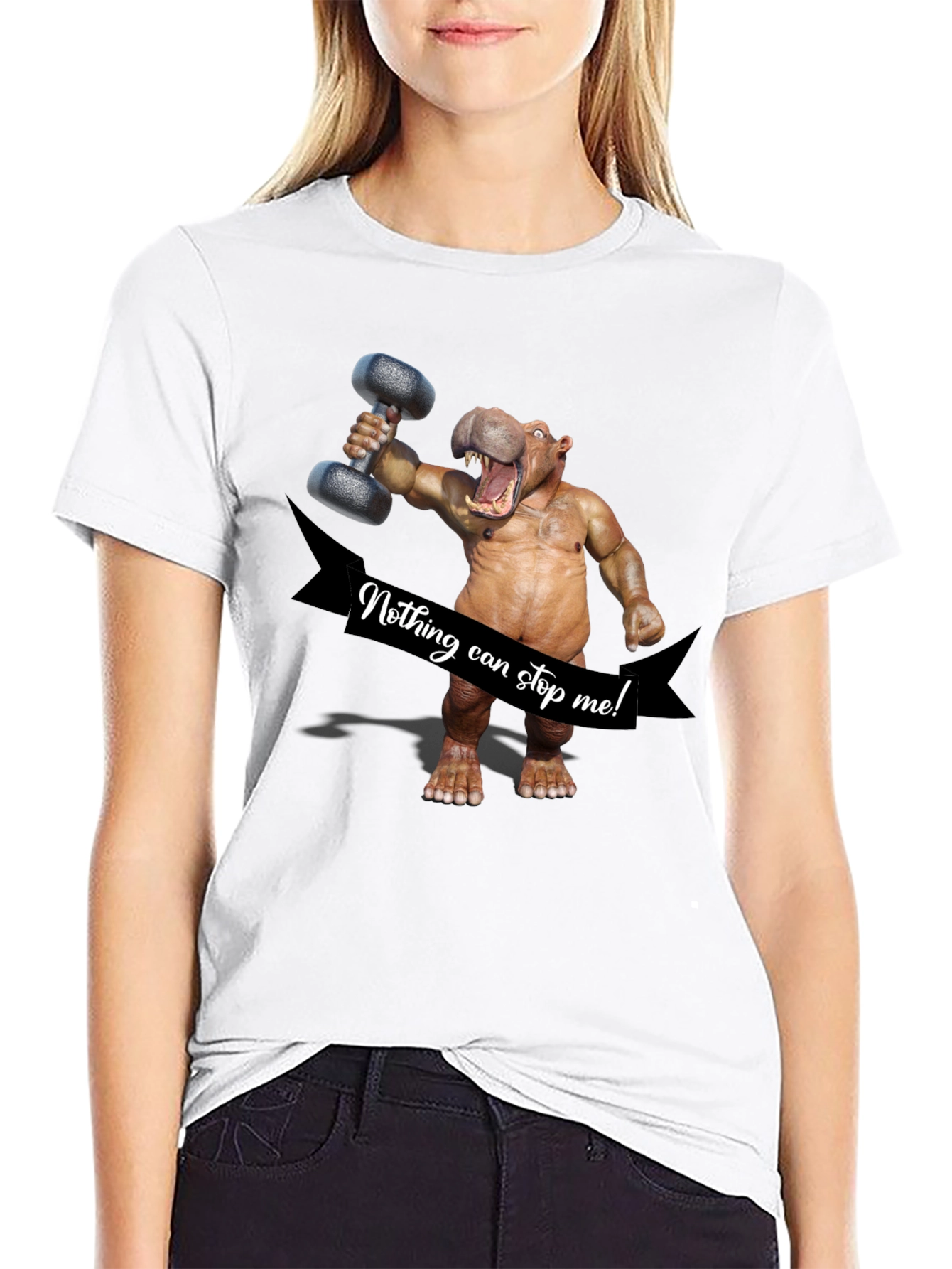 Black Hippo Lifting Dumbbell T-Shirt - Nothing Can Stop Me! view 9