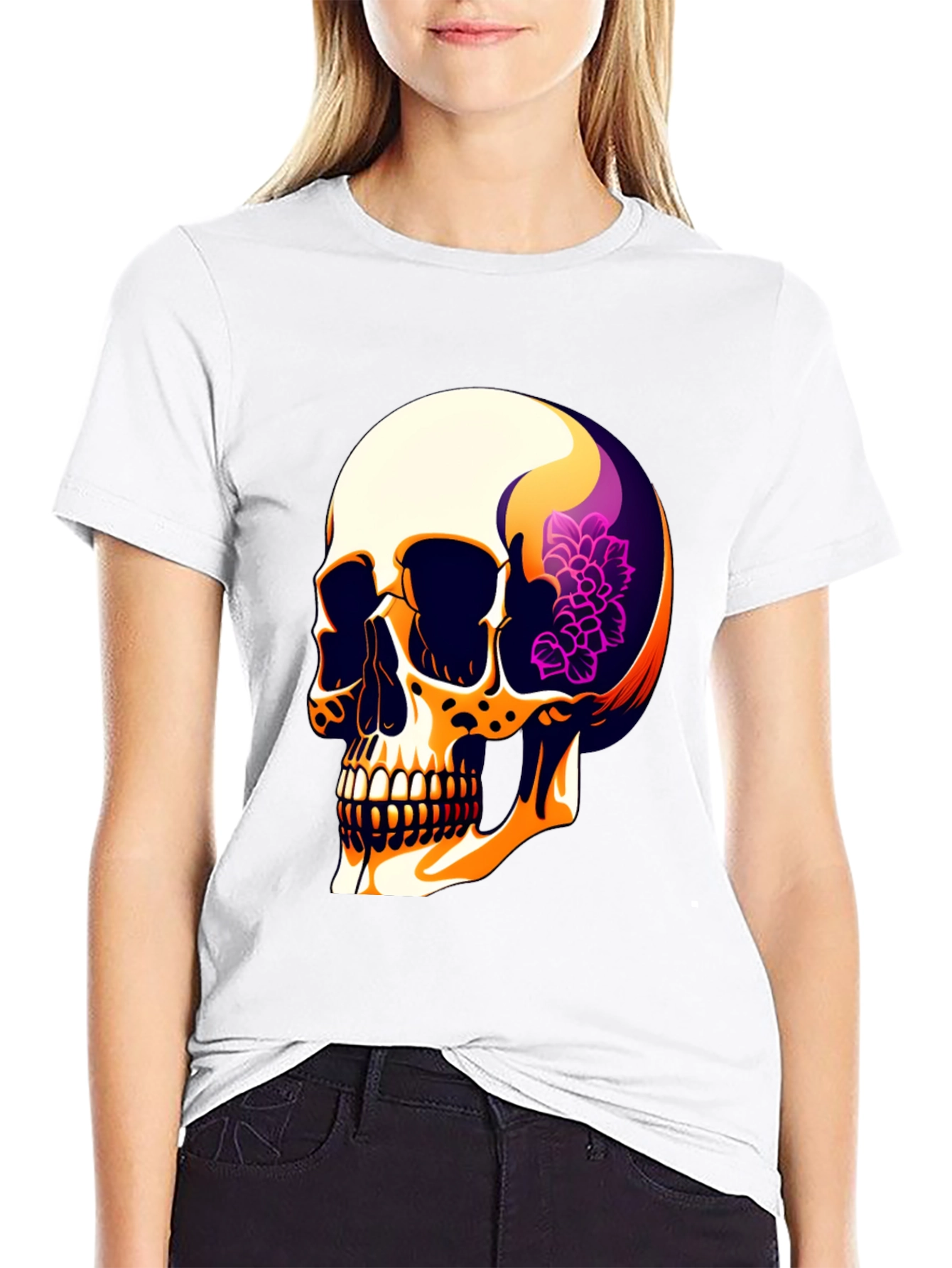 Black Skull & Floral Graphic Print Men's T-Shirt view 9