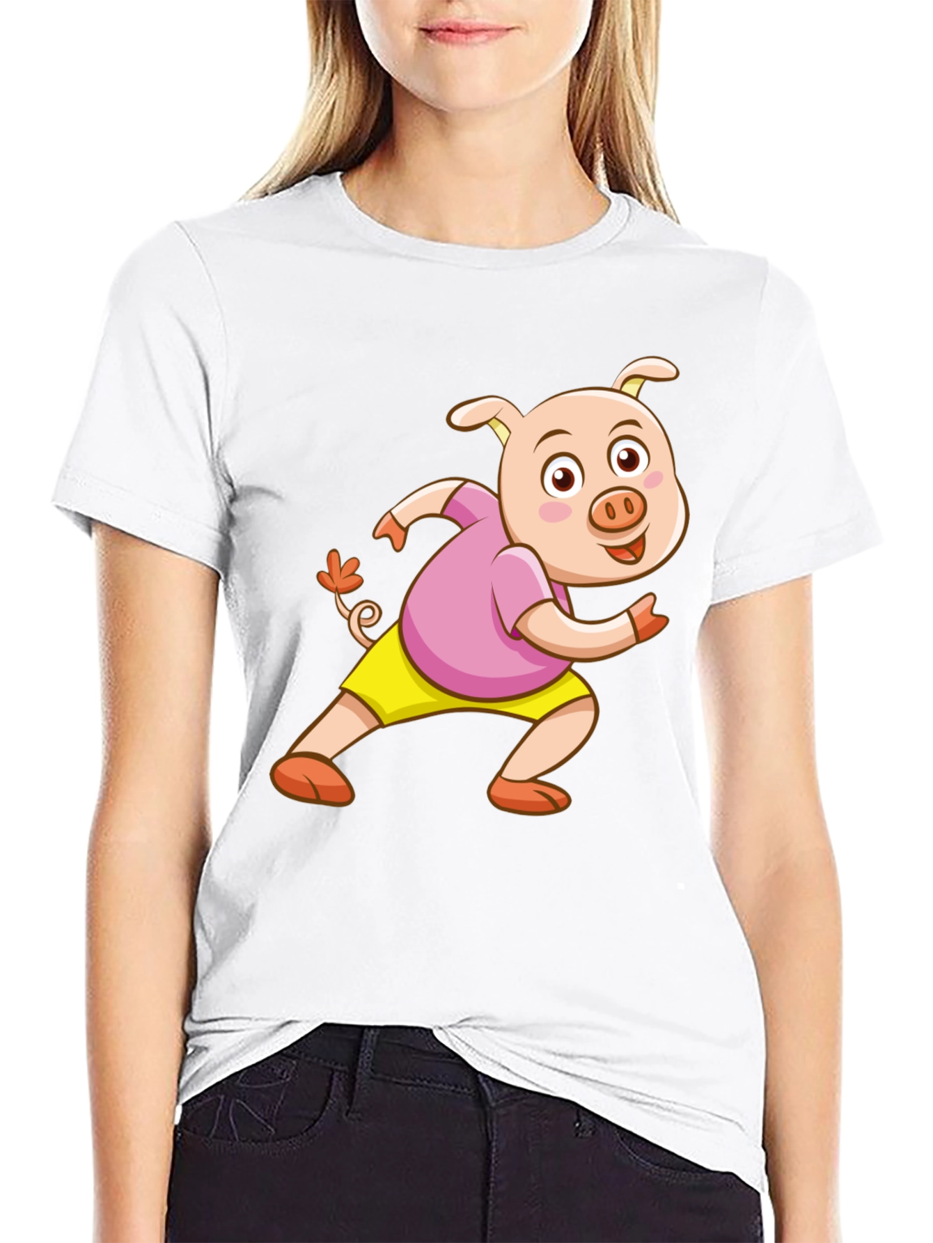 Black Cartoon Pig Black T-Shirt view 9
