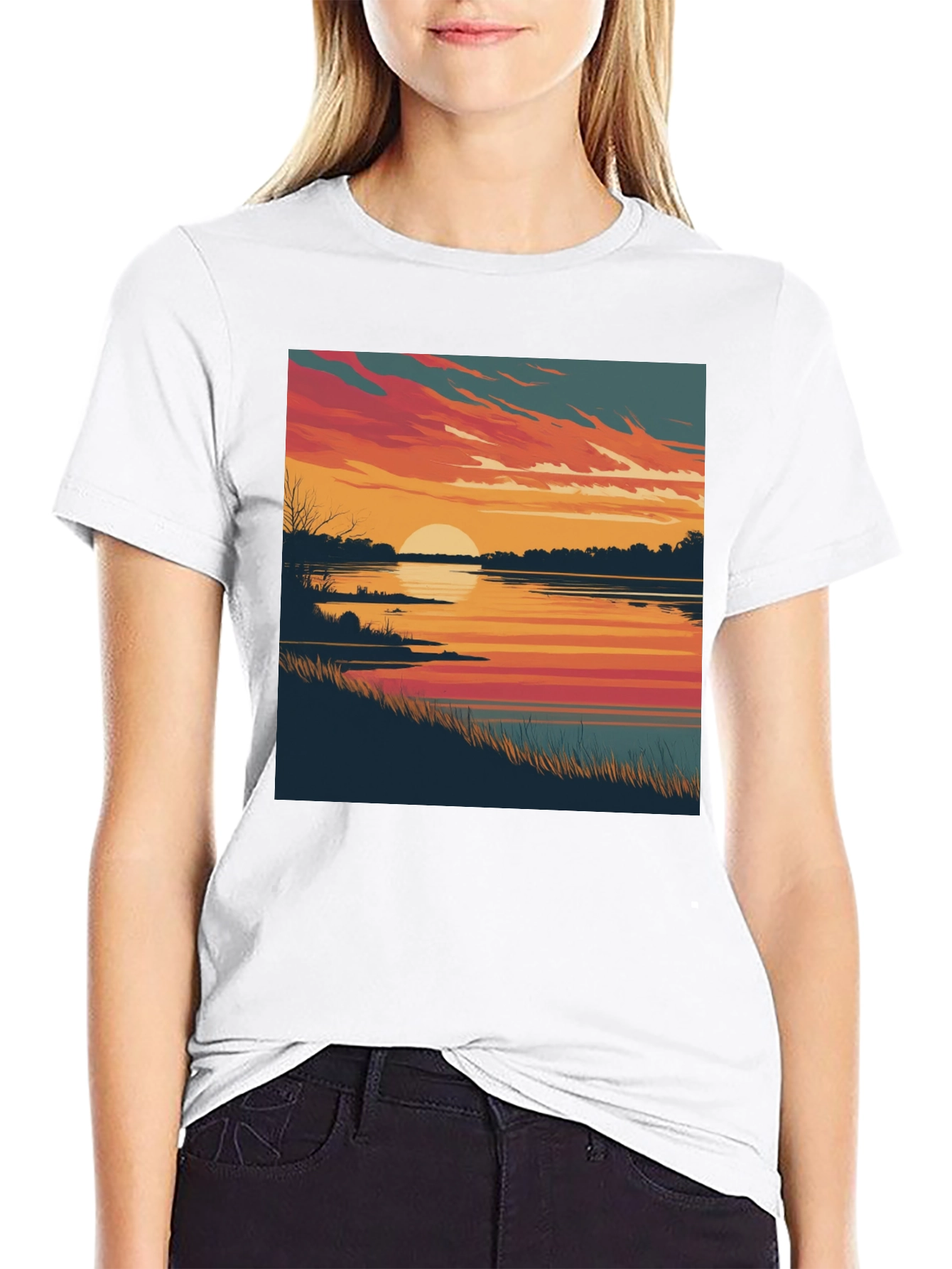 Black Sunset Lake Graphic Tee - Black Cotton Blend Comfort view 9