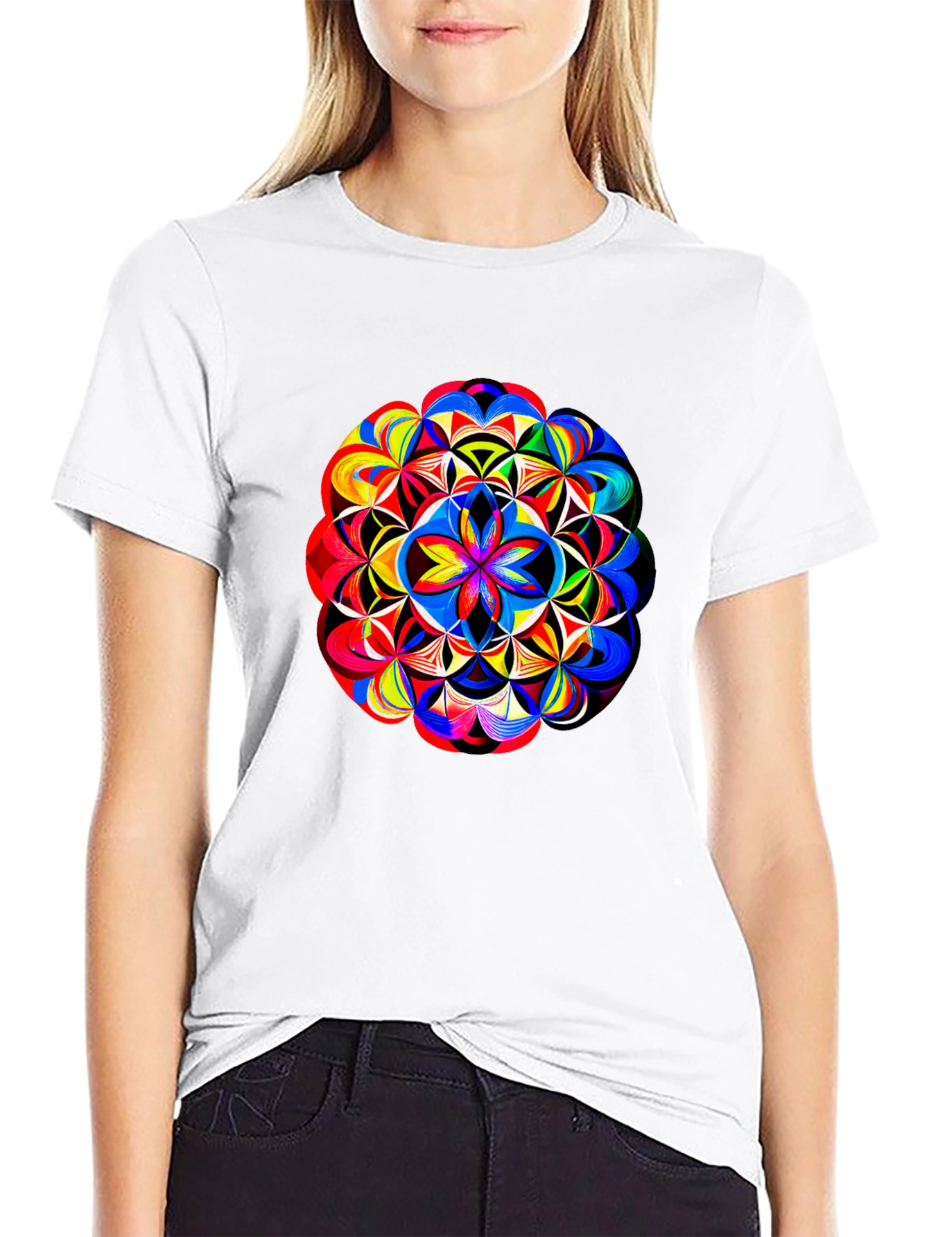 Black Vibrant Geometric Mandala Print Black T-Shirt view 9