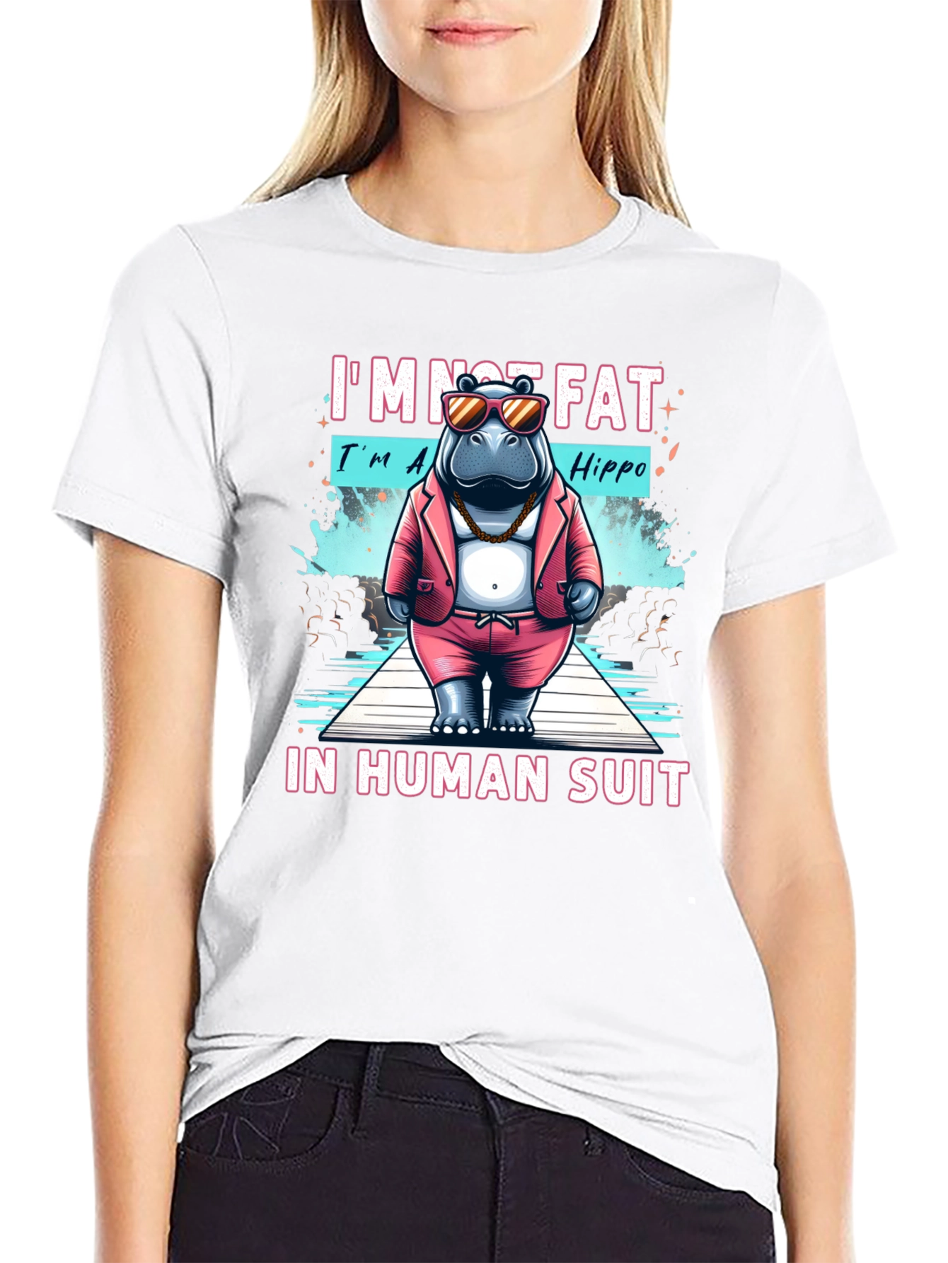 Black Funny Hippo in Human Suit Graphic Tee view 9