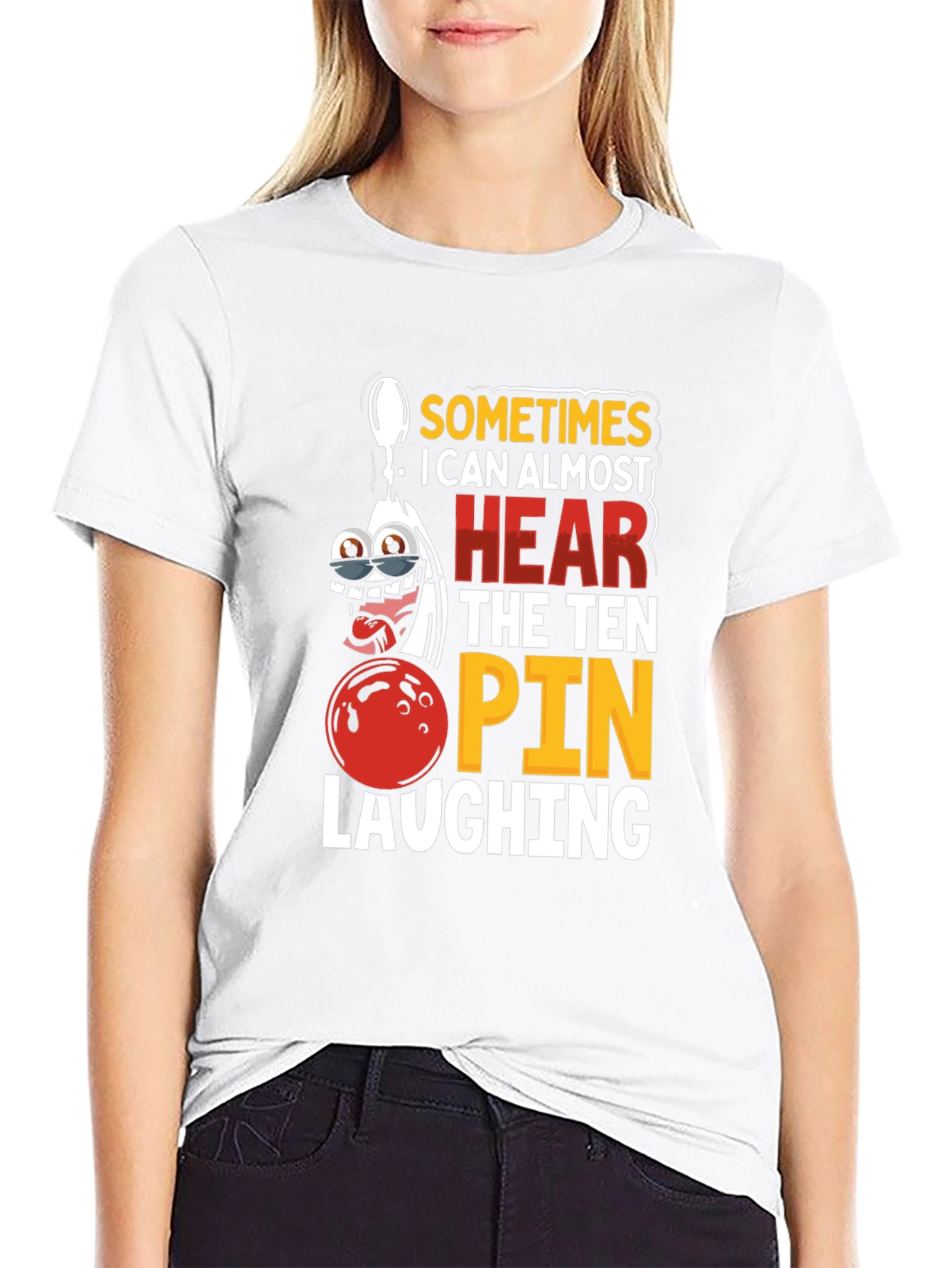 Black Funny Bowling T-Shirt: Ten Pin Laughing Graphic Tee view 9