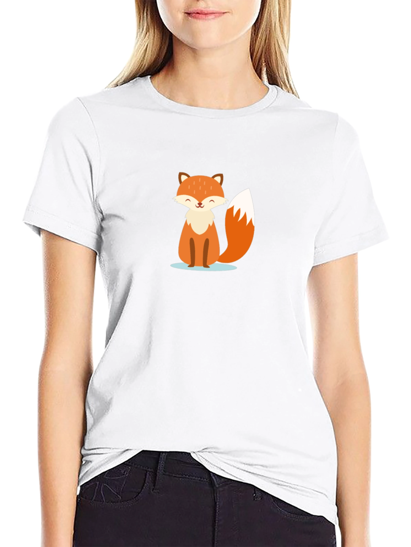 Black Cute Cartoon Fox Graphic T-Shirt - Black Cotton Tee view 9