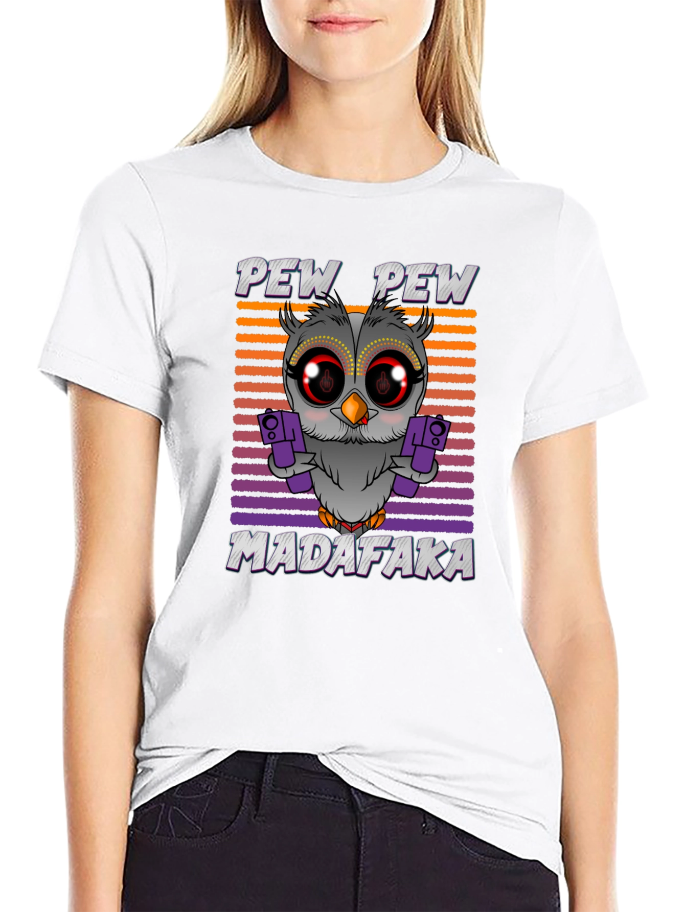 Black Pew Pew Madafaka Owl Graphic T-Shirt view 9
