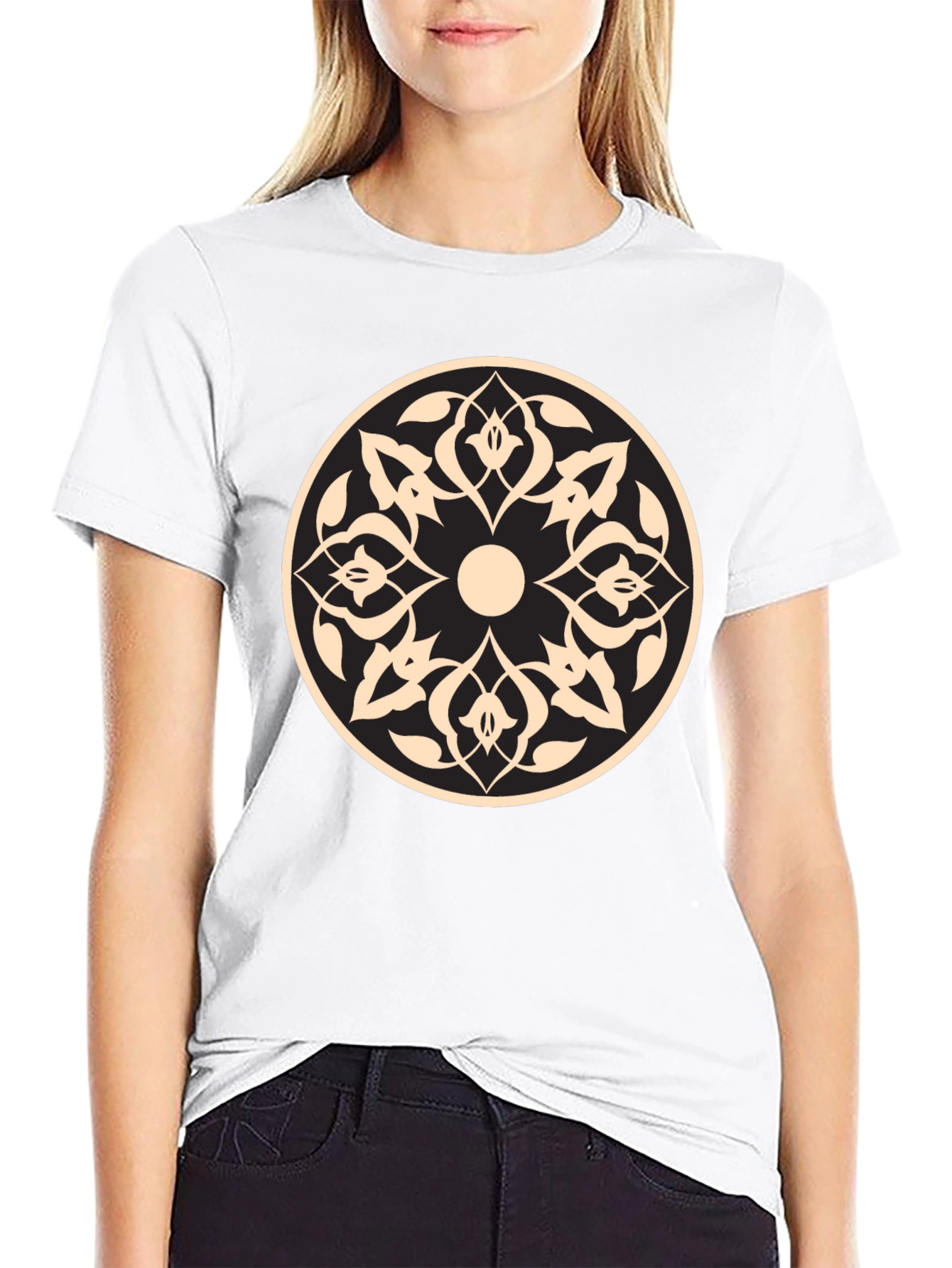 Black Black T-Shirt with Beige Geometric Mandala Design view 9