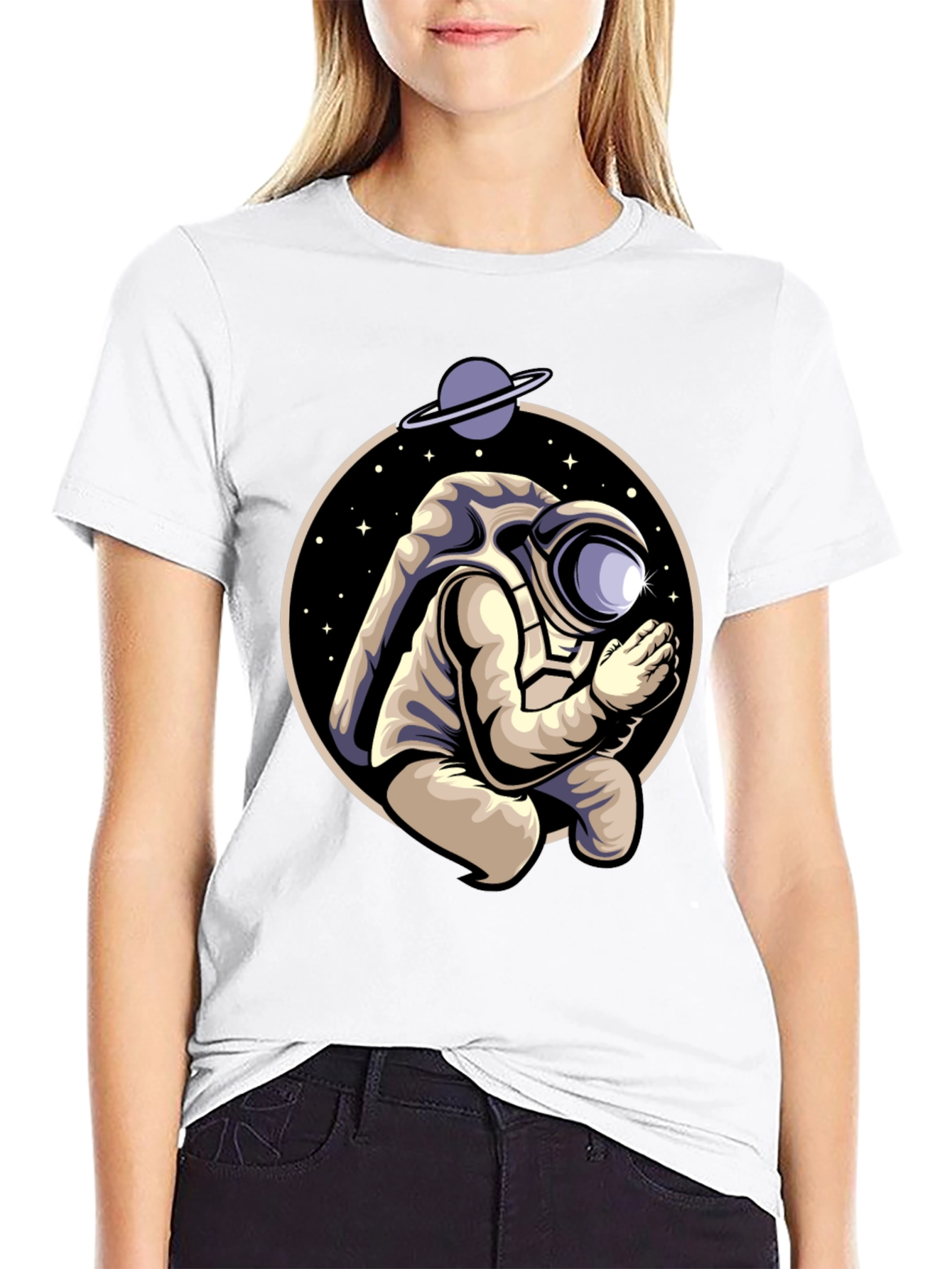 Black Praying Astronaut Graphic Tee - Unique Space Design view 9