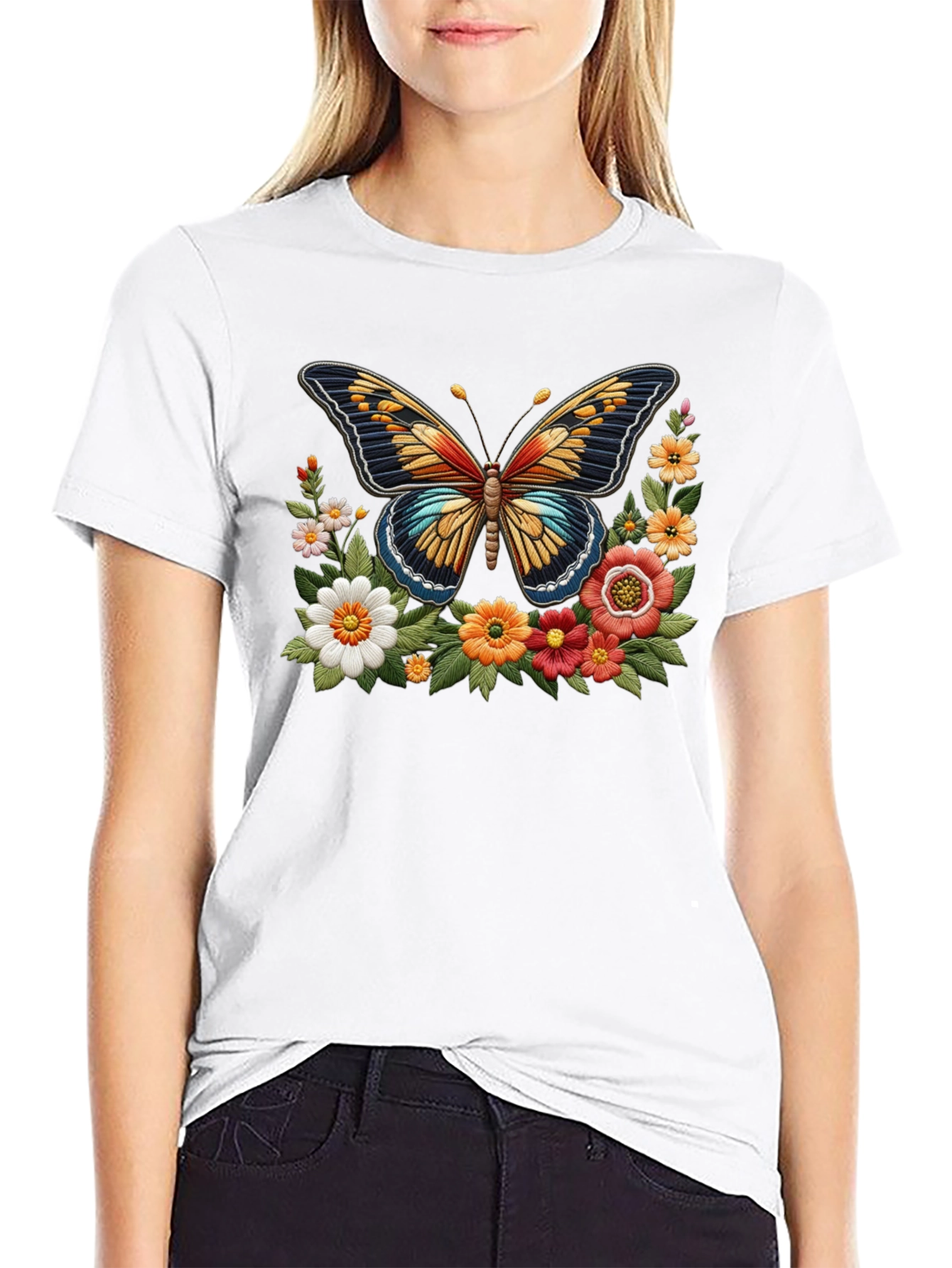 Black Butterfly Floral Graphic Print Black T-Shirt view 9
