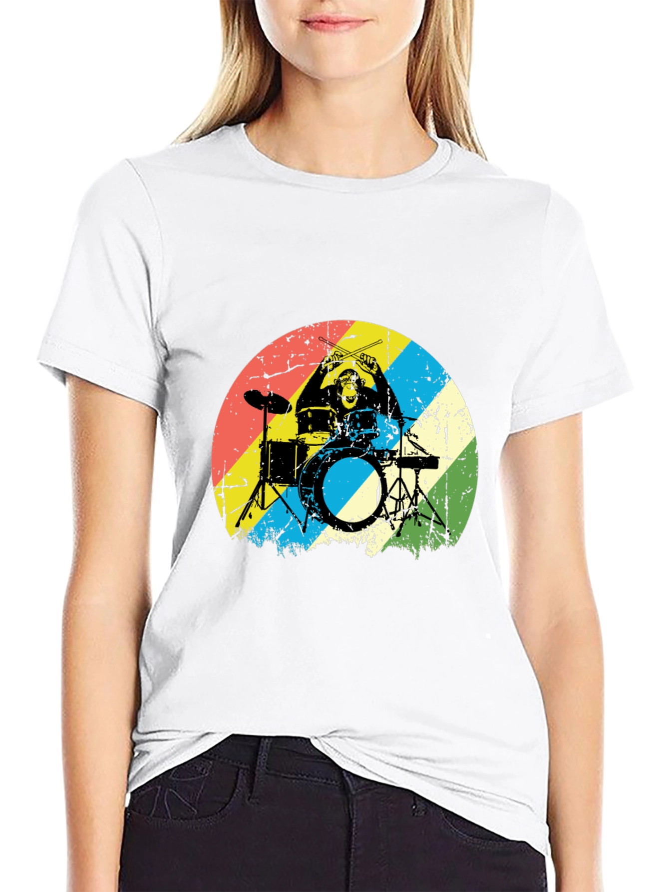 Black Monkey Drummer Graphic Tee - Retro Style Black T-Shirt view 9