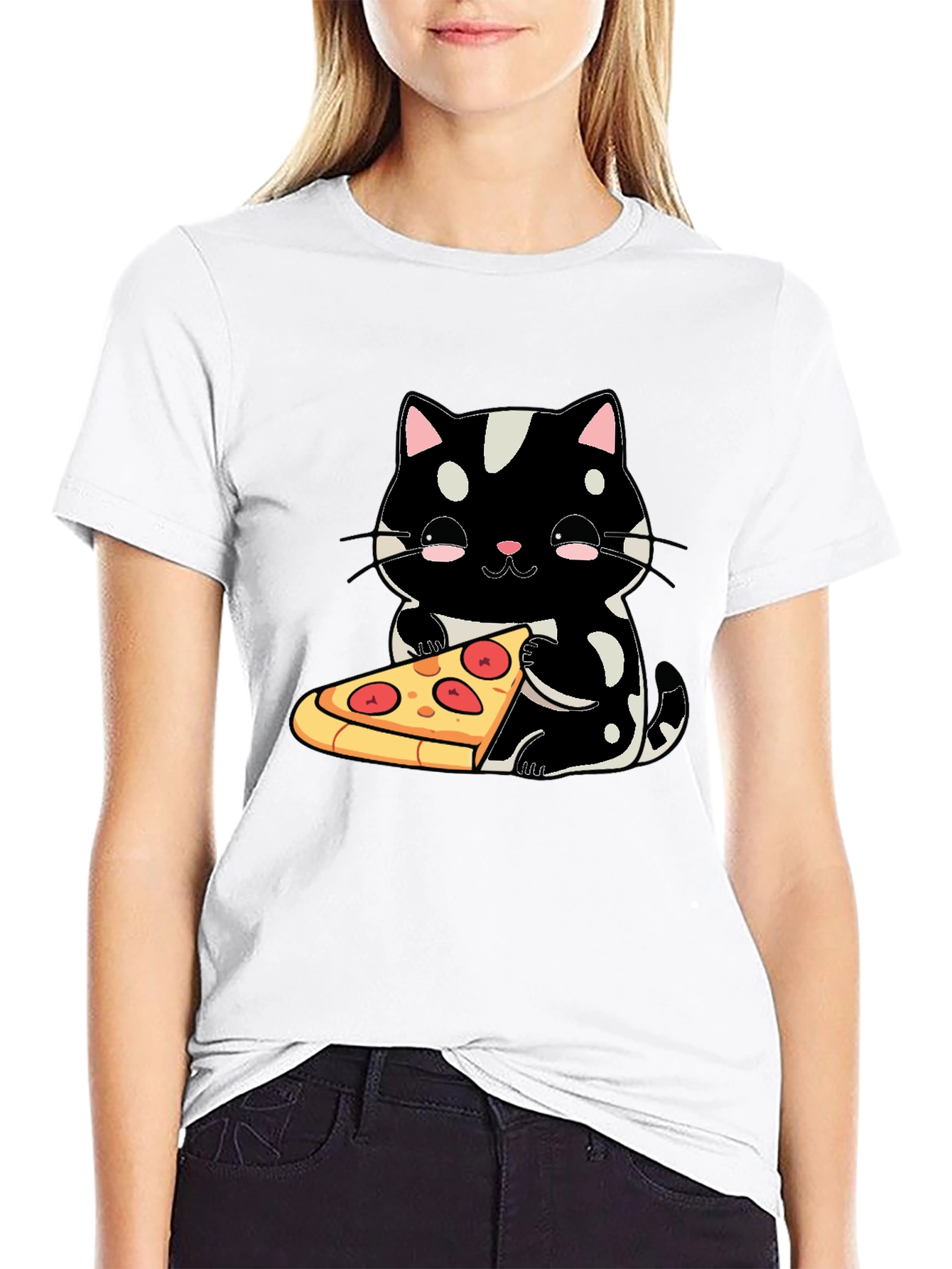 Black Cute Cat Pizza Graphic Tee - Black Cotton T-Shirt view 9