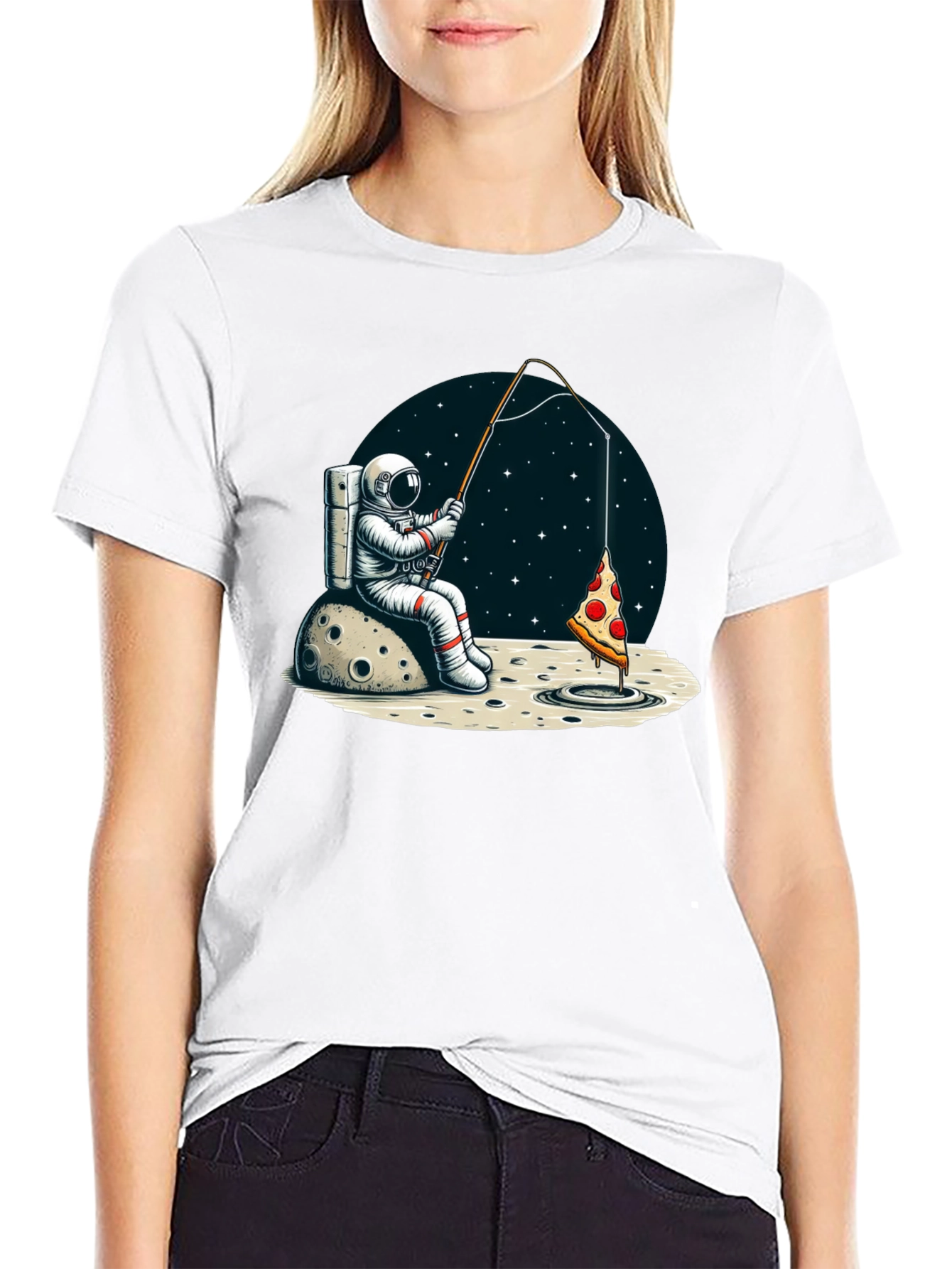 Black Astronaut Fishing for Pizza T-Shirt view 9