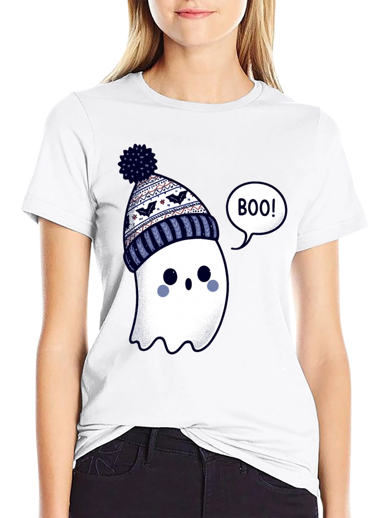 Black Cute Ghost in Beanie T-Shirt - Halloween Style view 9