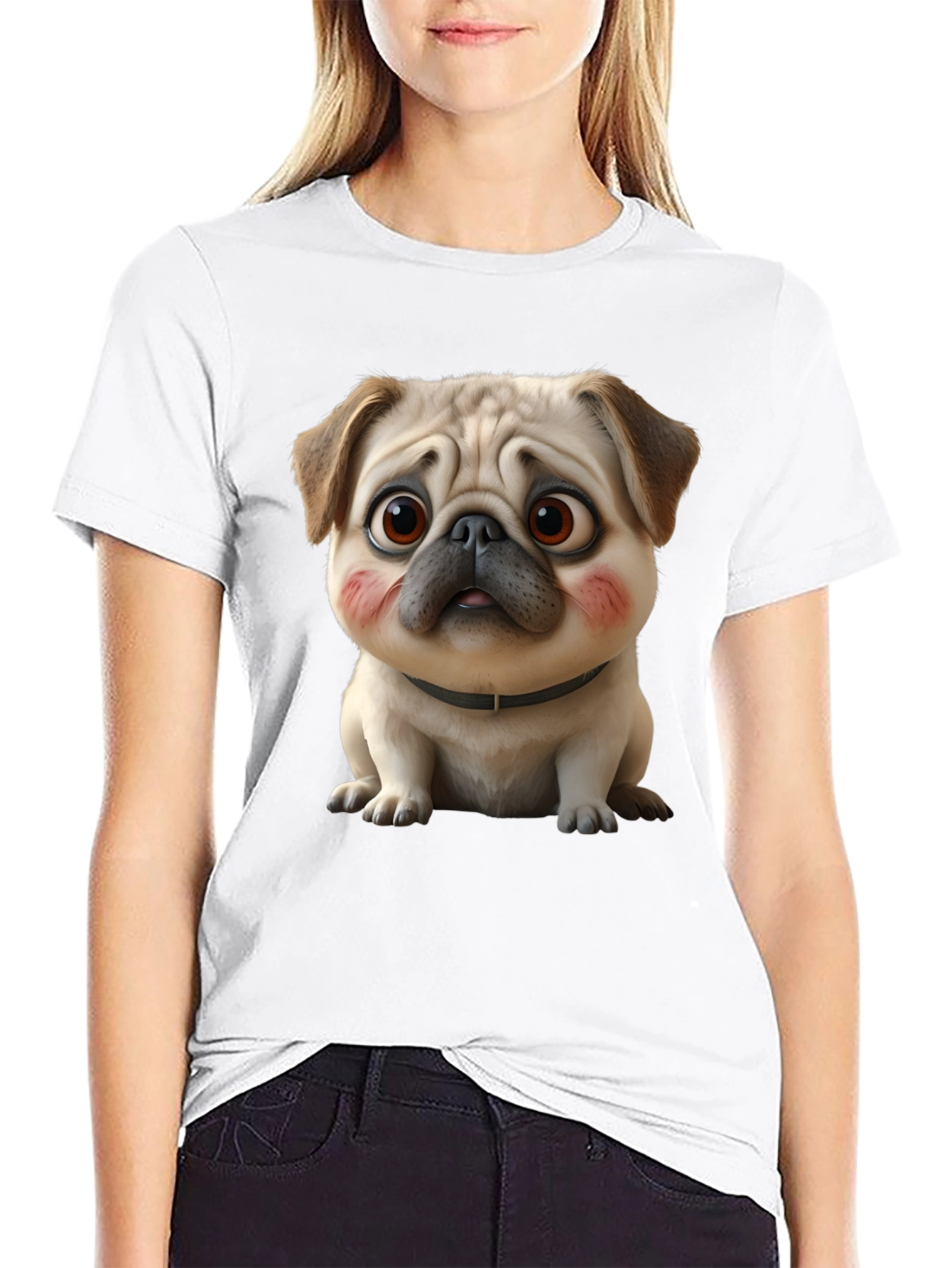 Black Cute Cartoon Pug Dog Black T-Shirt view 9