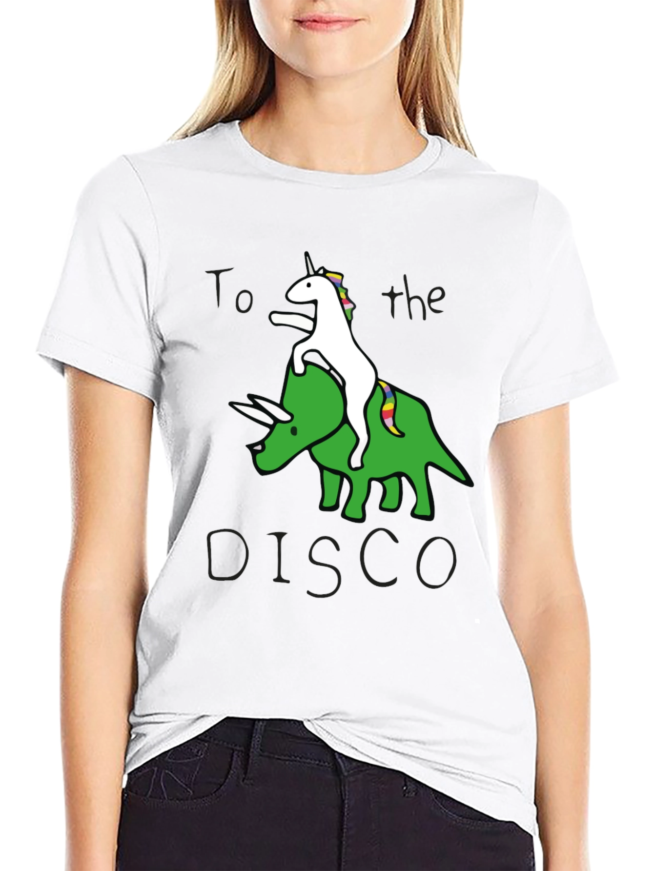 Black Unicorn Riding Triceratops to the Disco Graphic Tee view 9