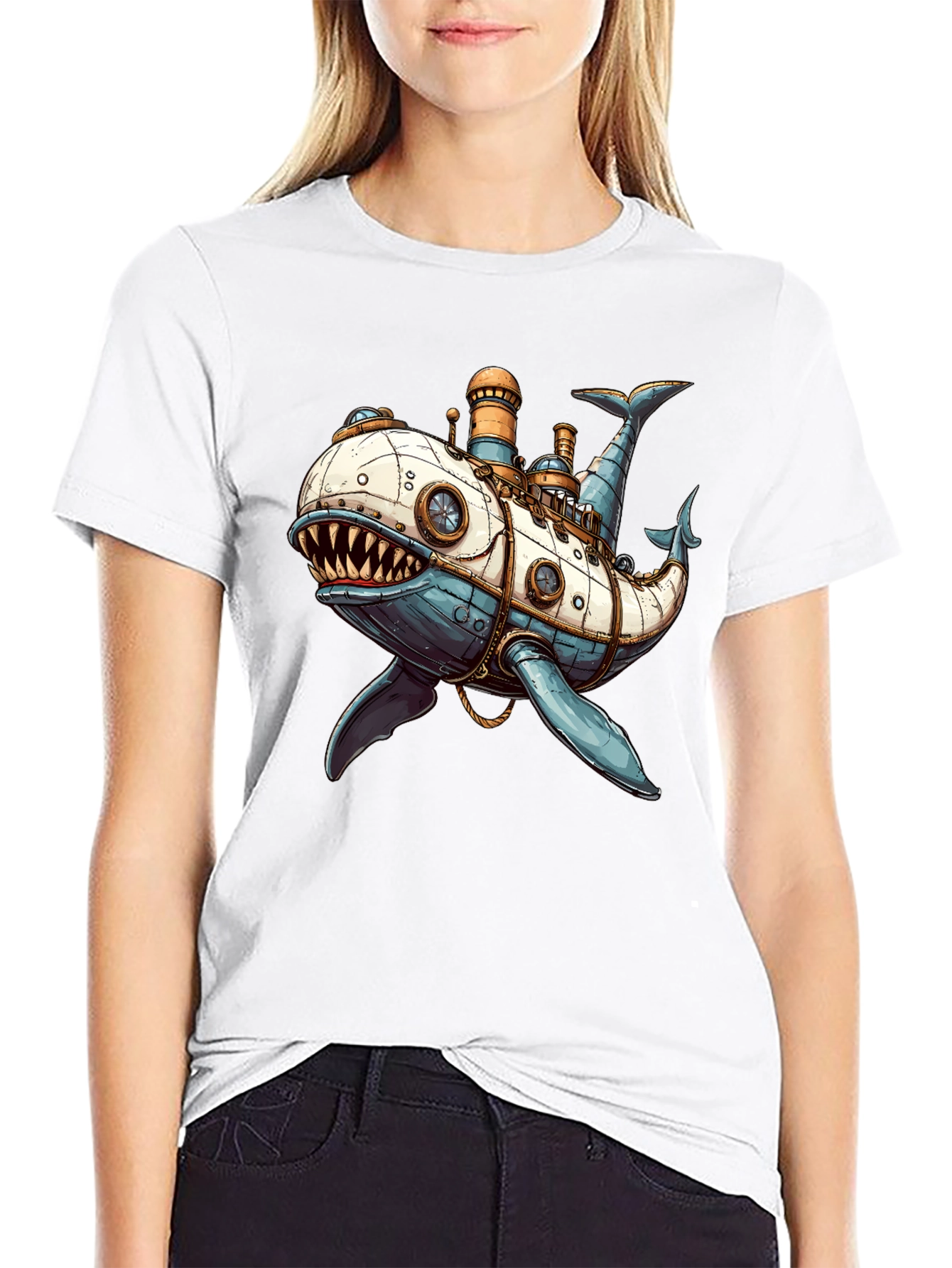Black Steampunk Whale T-Shirt - Unique Design view 9
