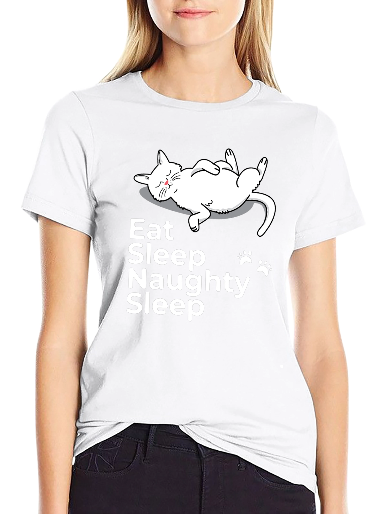 Black Eat Sleep Naughty Sleep Cat Graphic Tee view 9