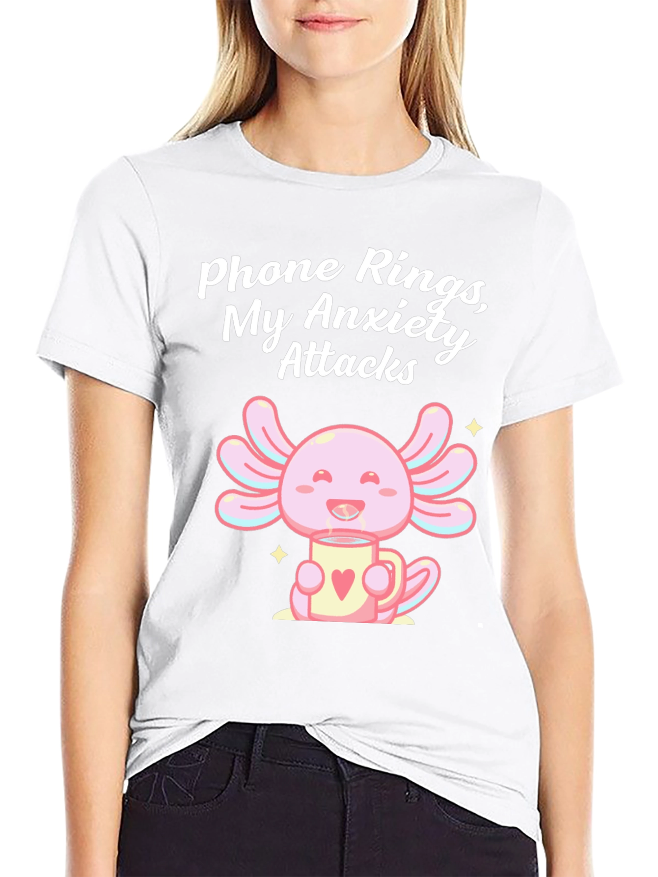 Black Anxiety Axolotl T-Shirt - Phone Rings, My Anxiety Attacks view 9