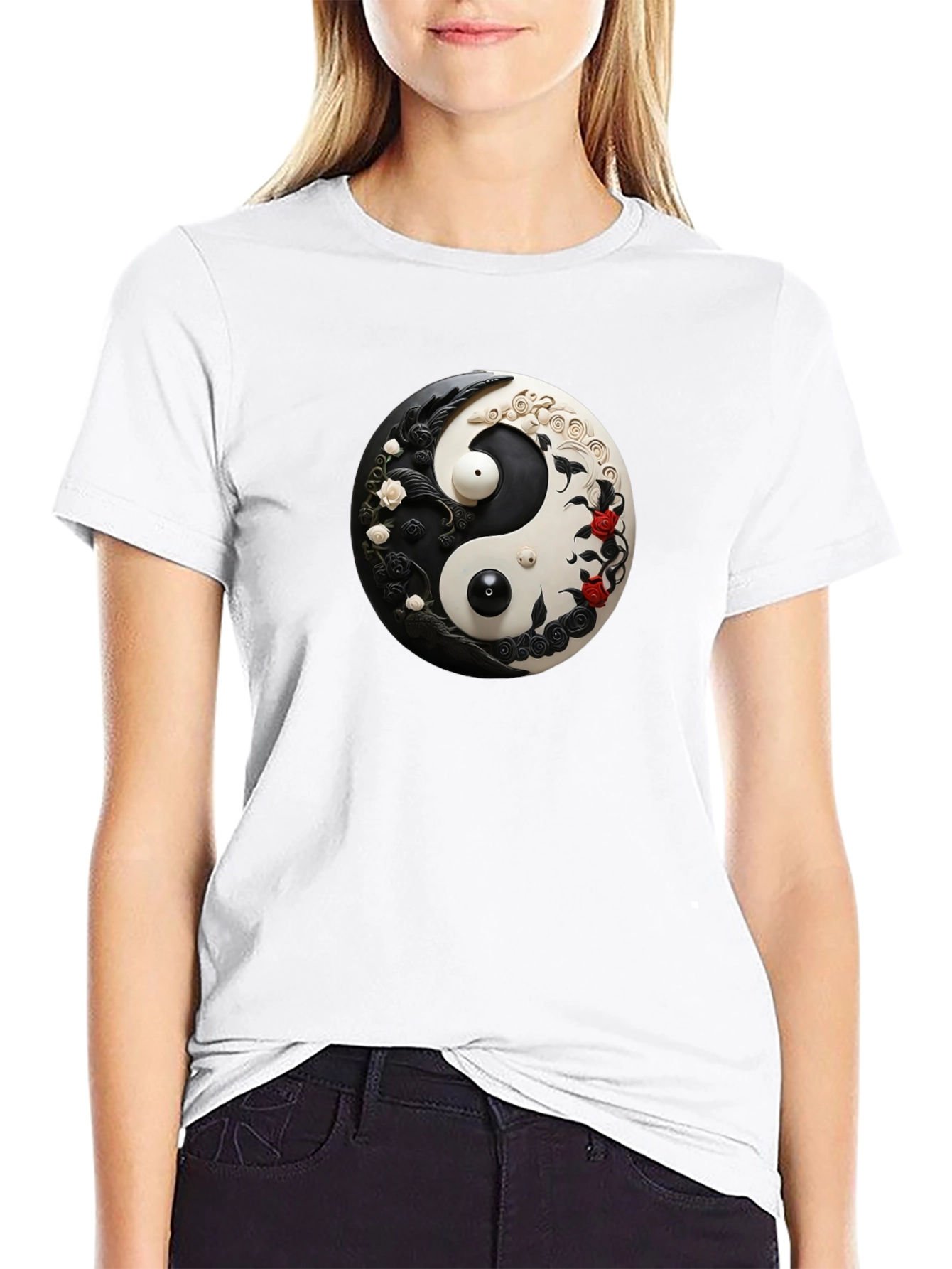 Black Yin Yang Floral Graphic Black T-Shirt view 9