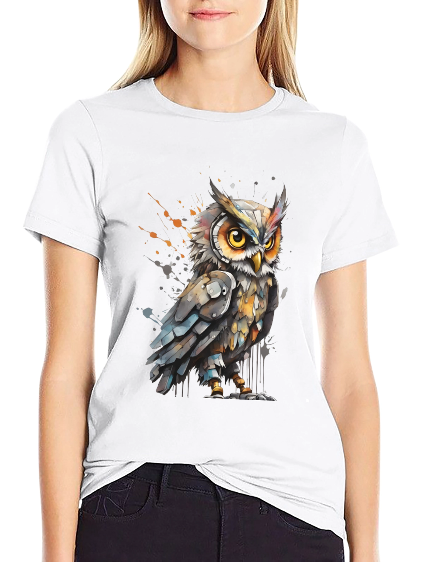 Black Artistic Owl Graphic Tee - Cool Bird T-Shirt view 9
