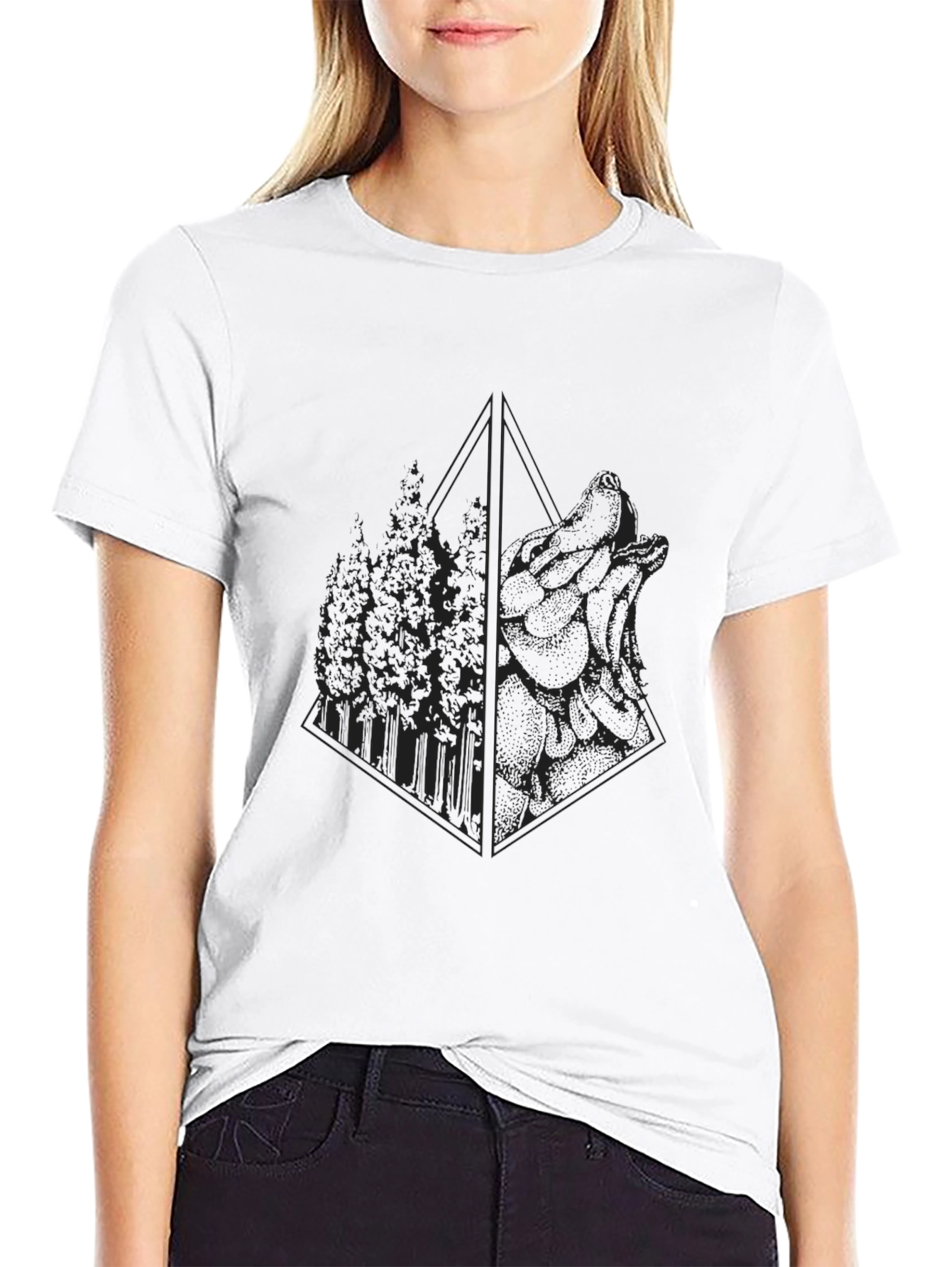 Black Geometric Wolf & Forest Graphic T-Shirt view 9
