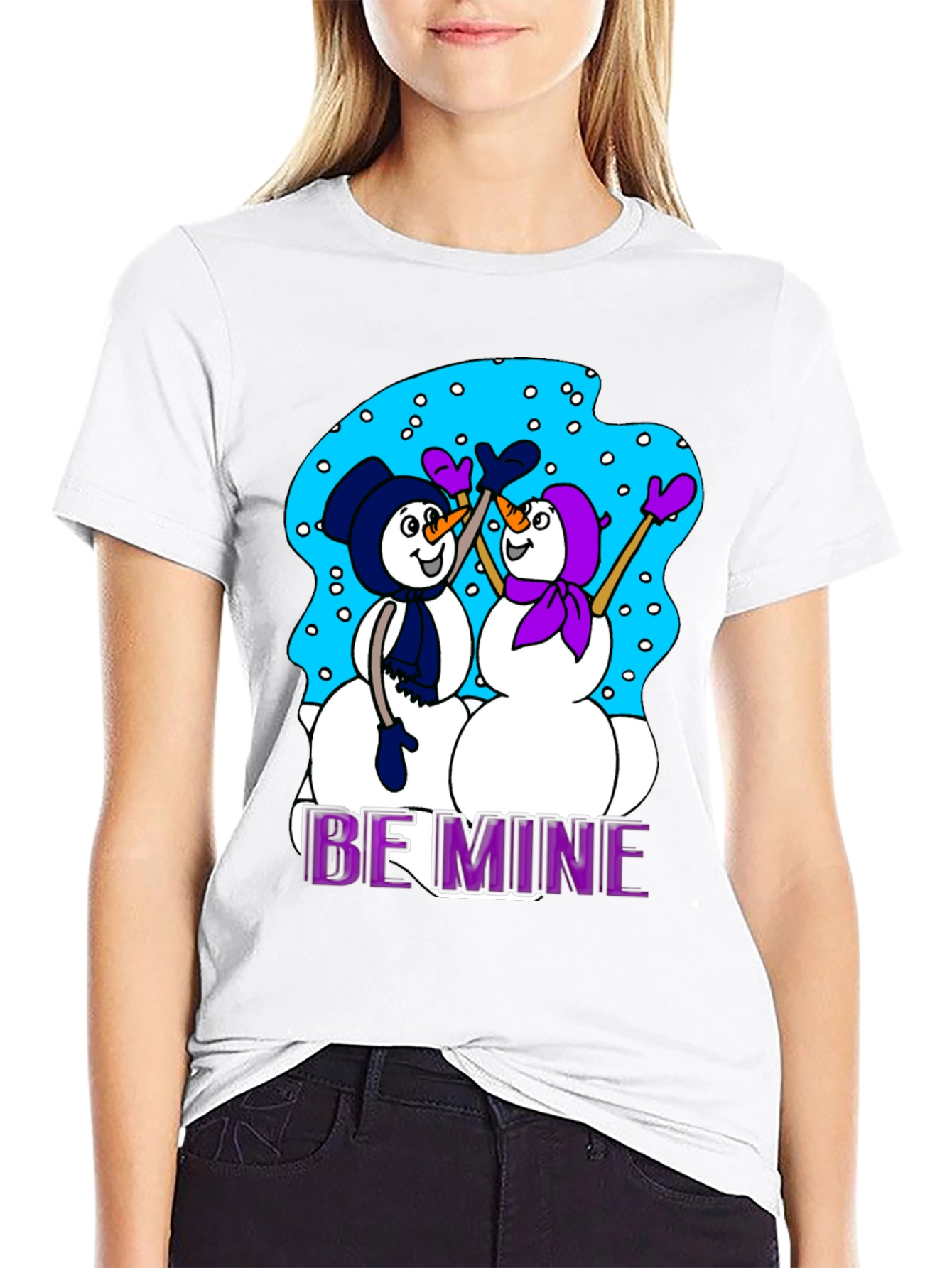Black Snowman T-Shirt: "Be Mine" Valentine's Day Black Tee view 9
