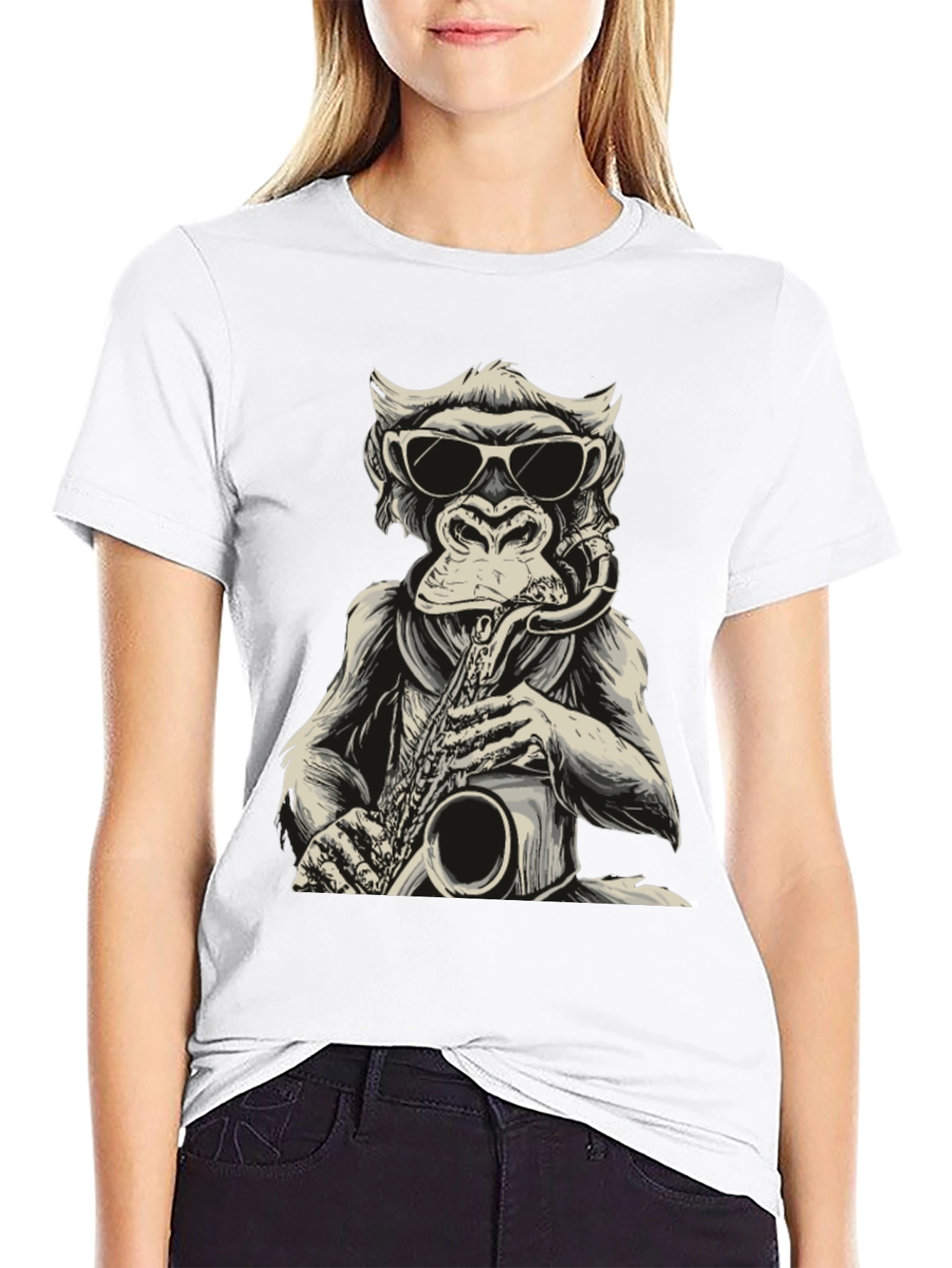 Black Cool Monkey Saxophone Player Graphic T-Shirt view 9