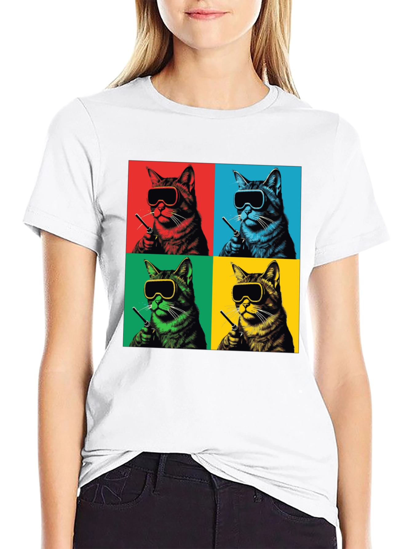 Black Pop Art Cat T-Shirt - Quirky Feline Style view 9