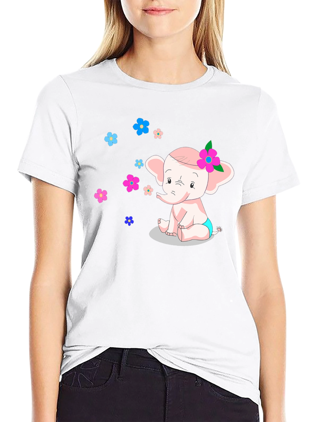 Black Cute Cartoon Elephant Graphic Tee view 9