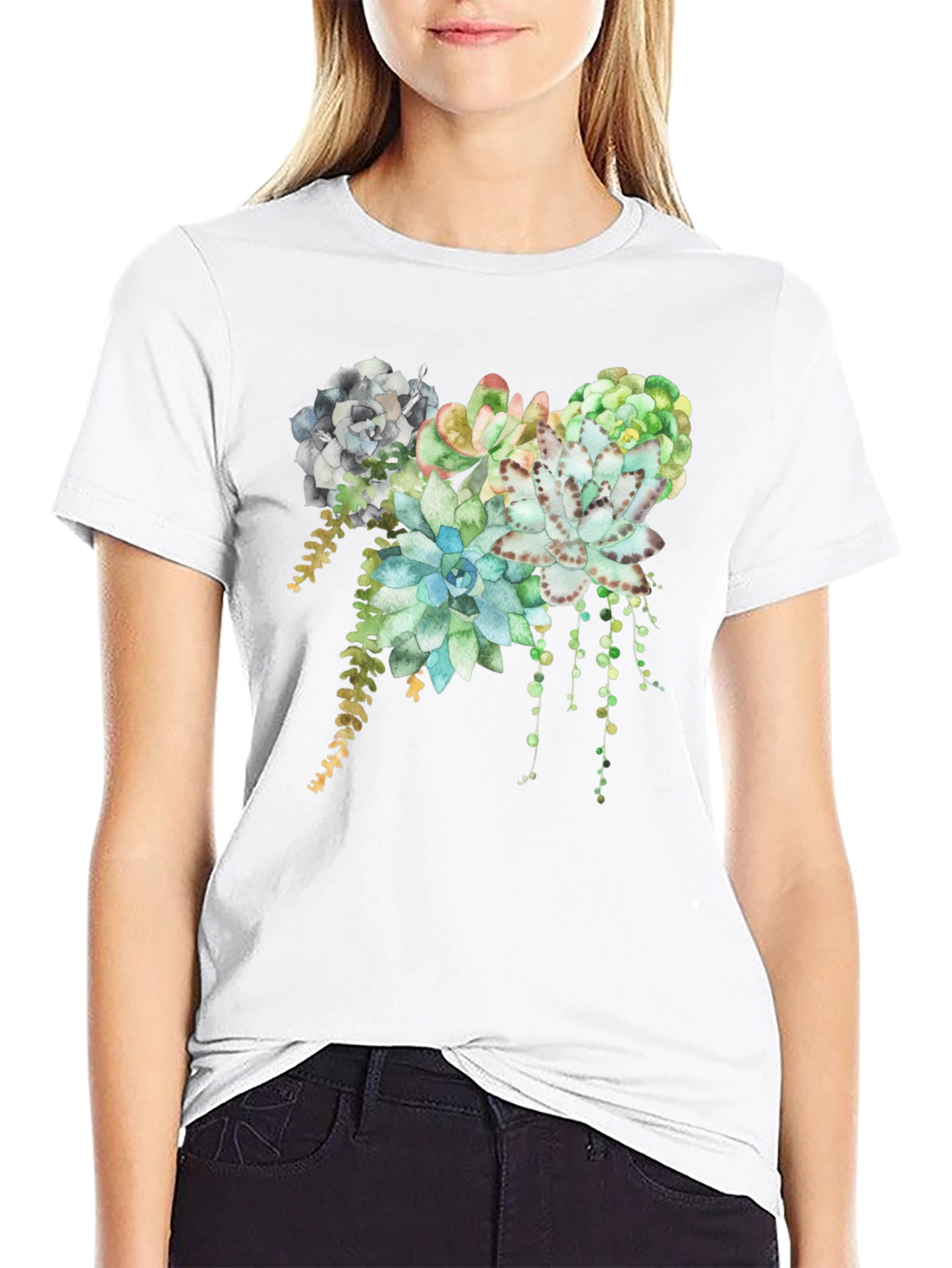 Black Succulent Print T-Shirt - Stylish Botanical Design view 9