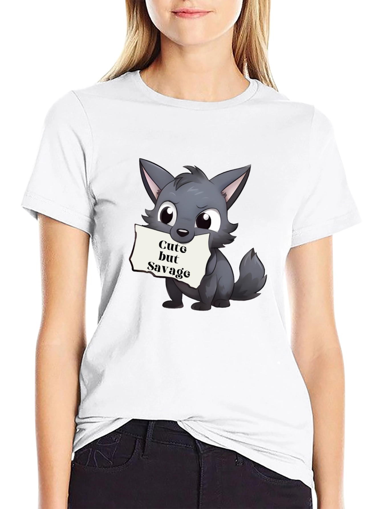 Black Cute but Savage Cartoon Wolf Black T-Shirt view 9