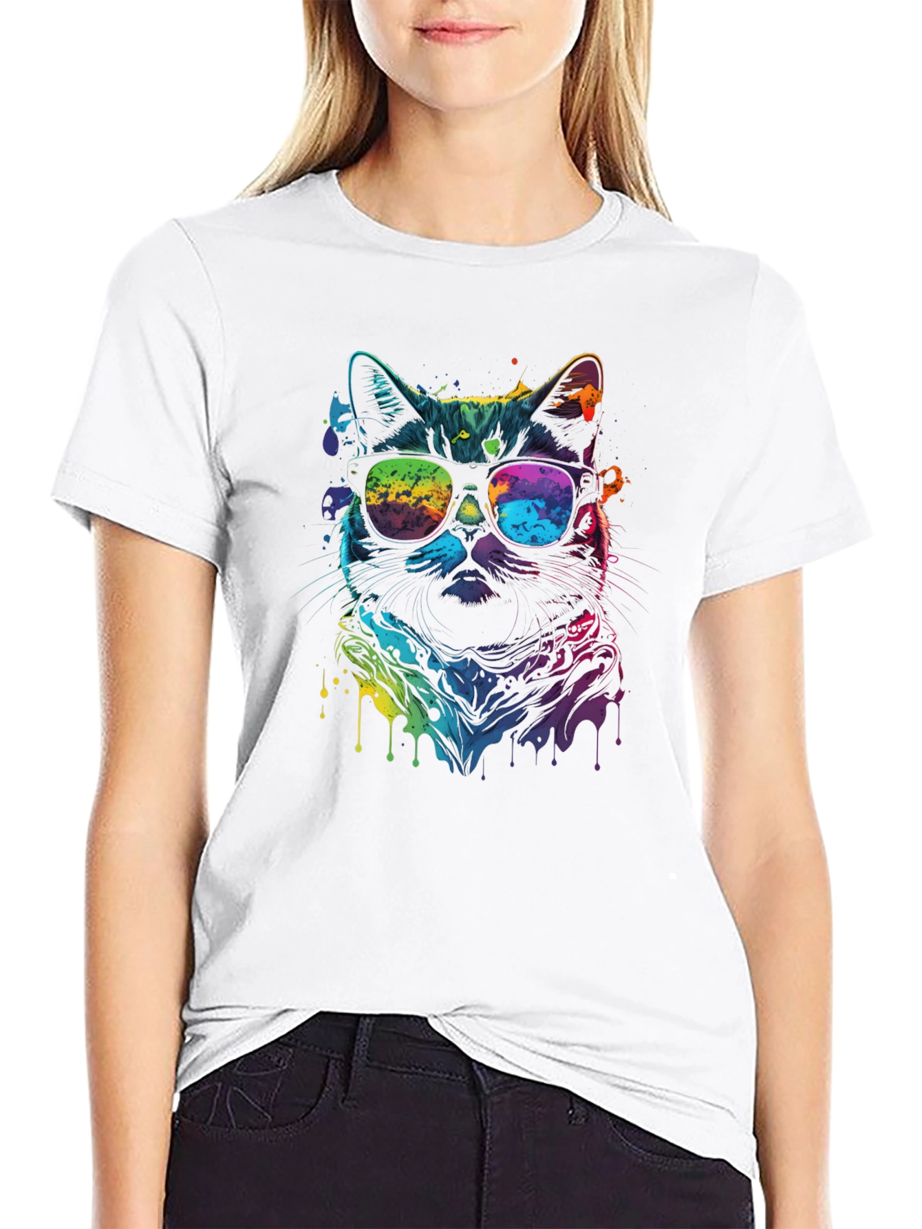 Black Cool Cat Tee - Vibrant Rainbow Graphic view 9
