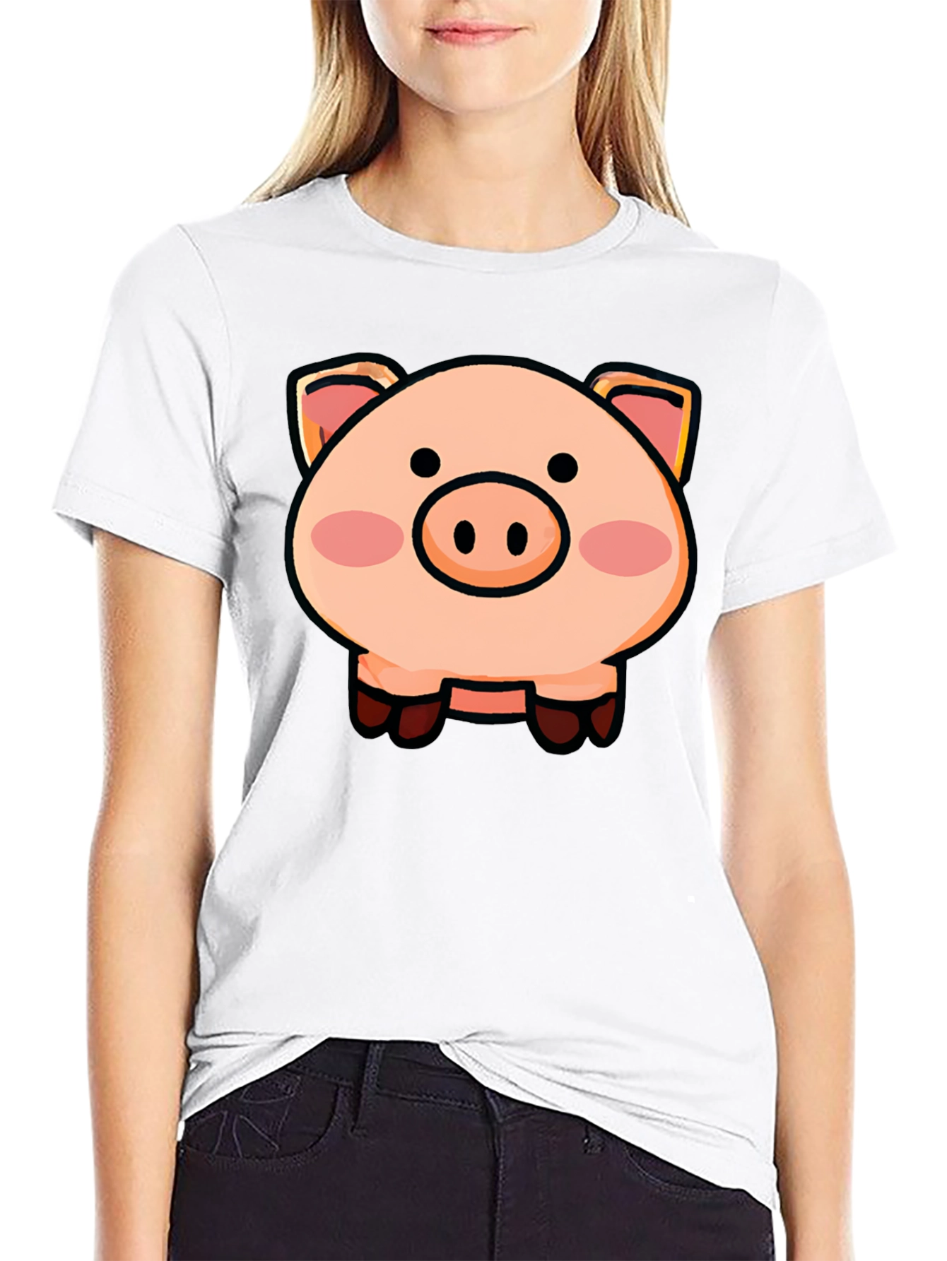Black Cartoon Pig Graphic Tee - Unisex Black T-Shirt view 9